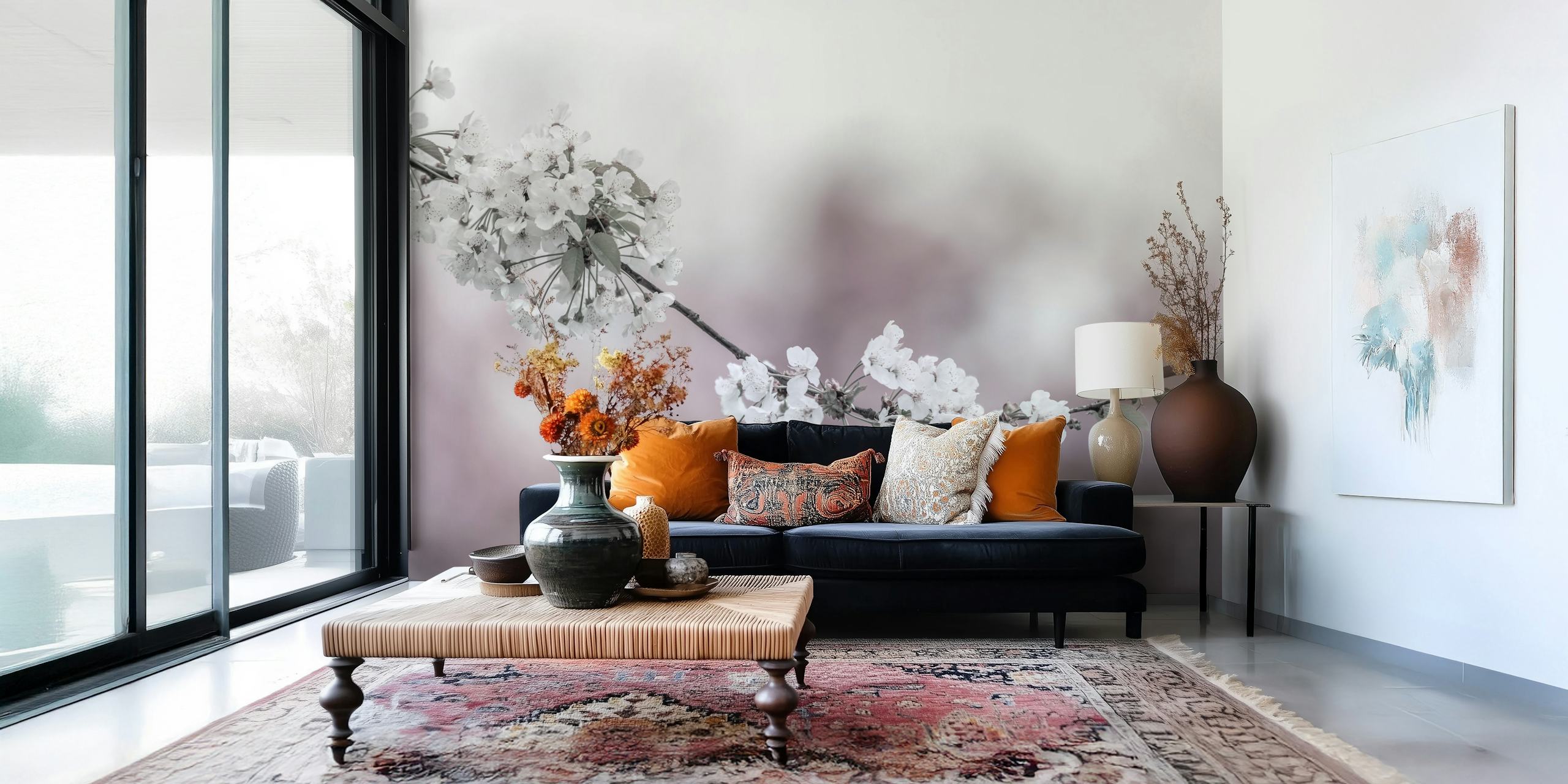 Cherry blossom branch in a soft-focus black and white photography wall mural