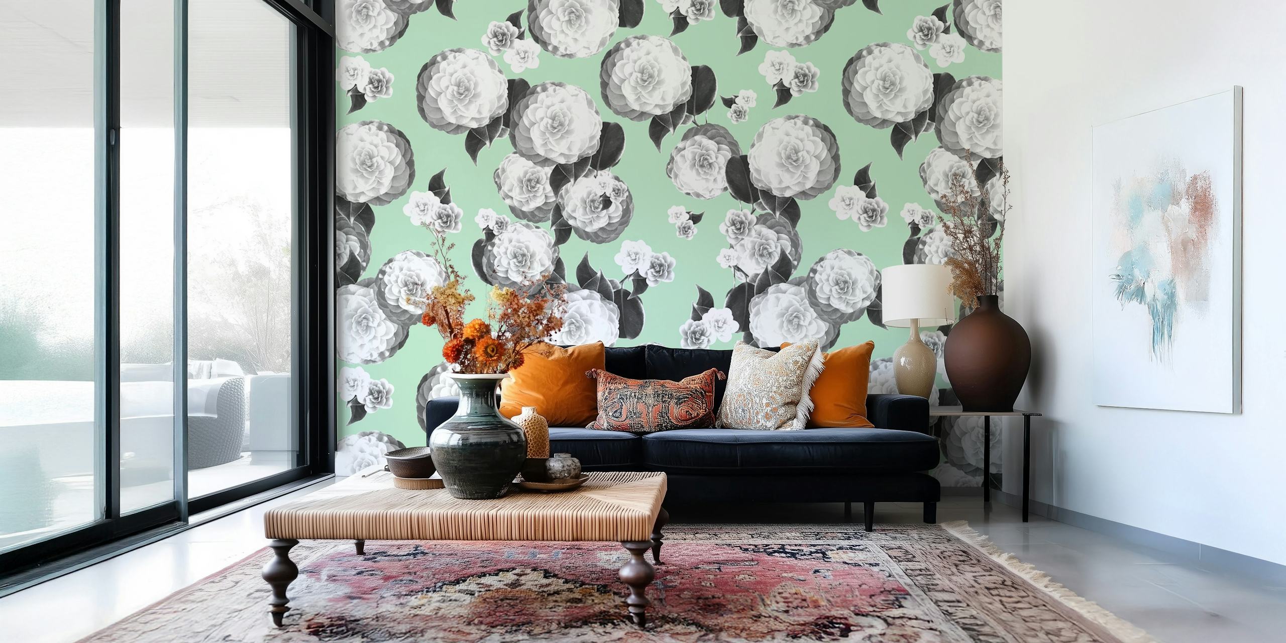 Floral wallpaper design in a room