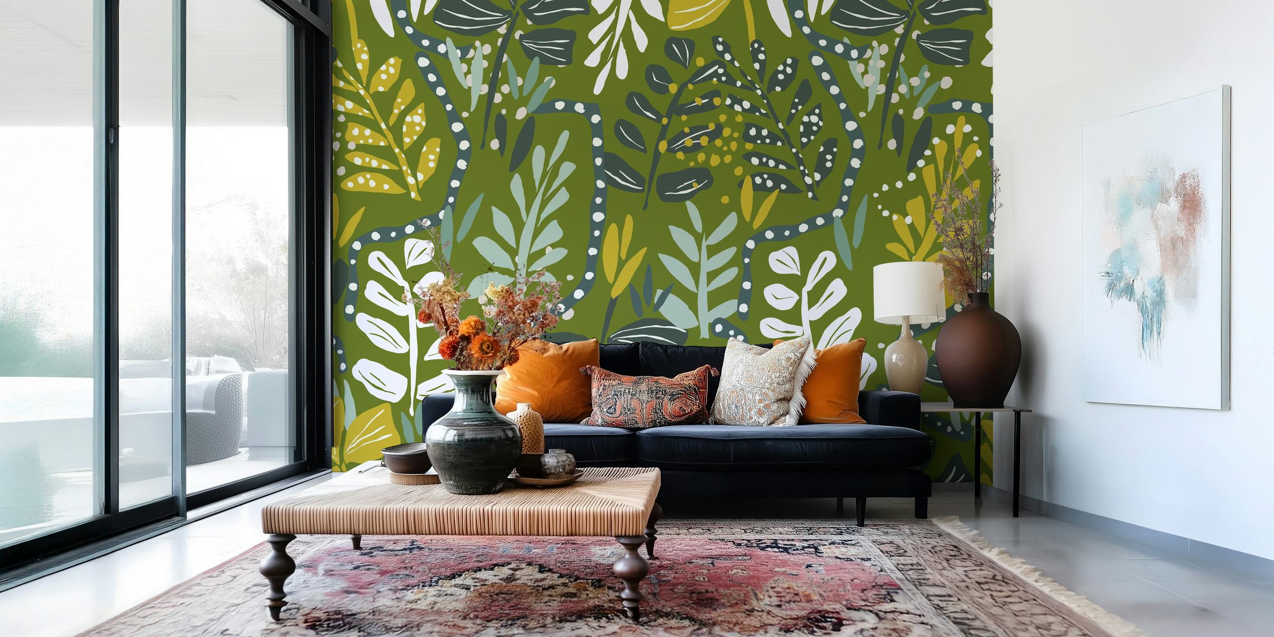 Papel pintado con hojas verdes y amarillas vibrantes