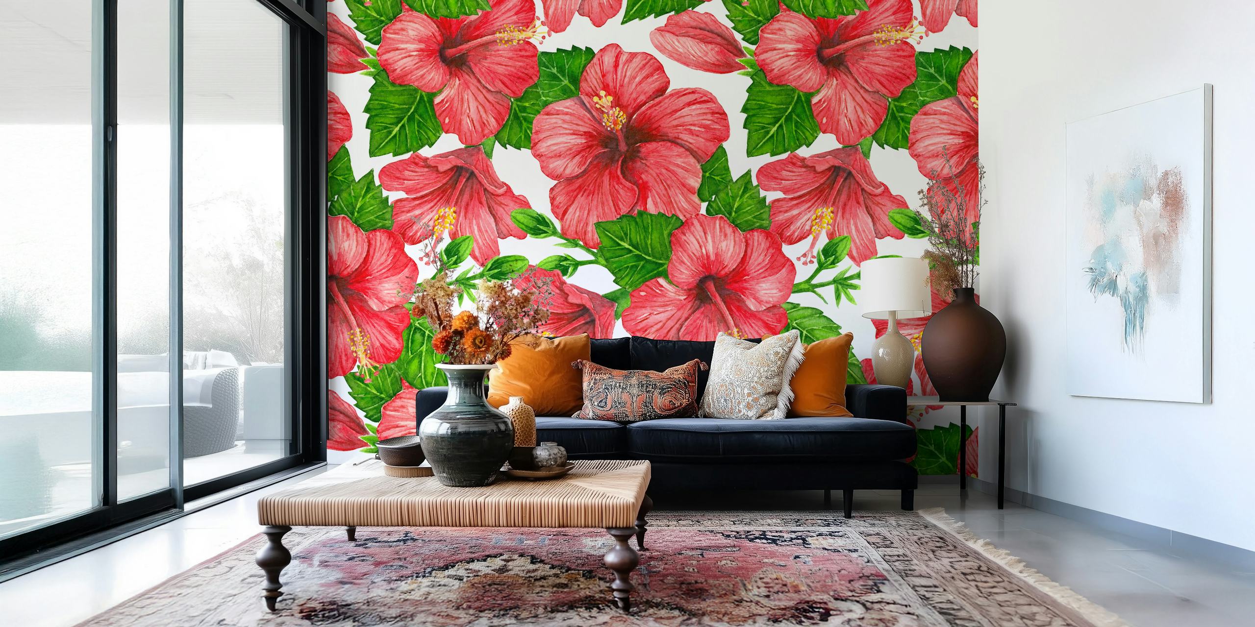 Red hibiscus άνθη και πράσινα φύλλα υδατογραφία σχέδιο σε τοιχογραφία