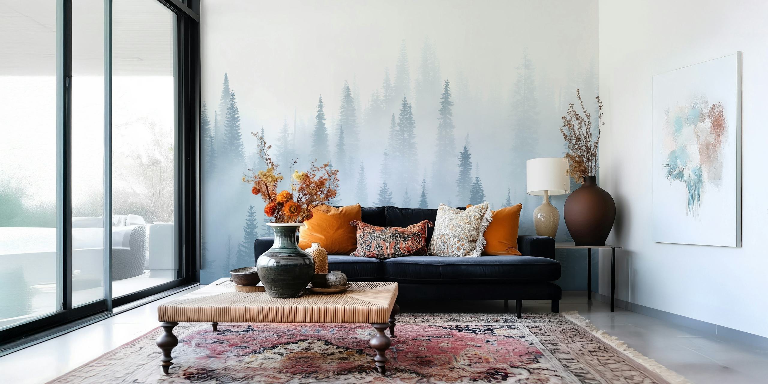 Misty forest landscape with evergreen trees in soft blue hues wallpaper