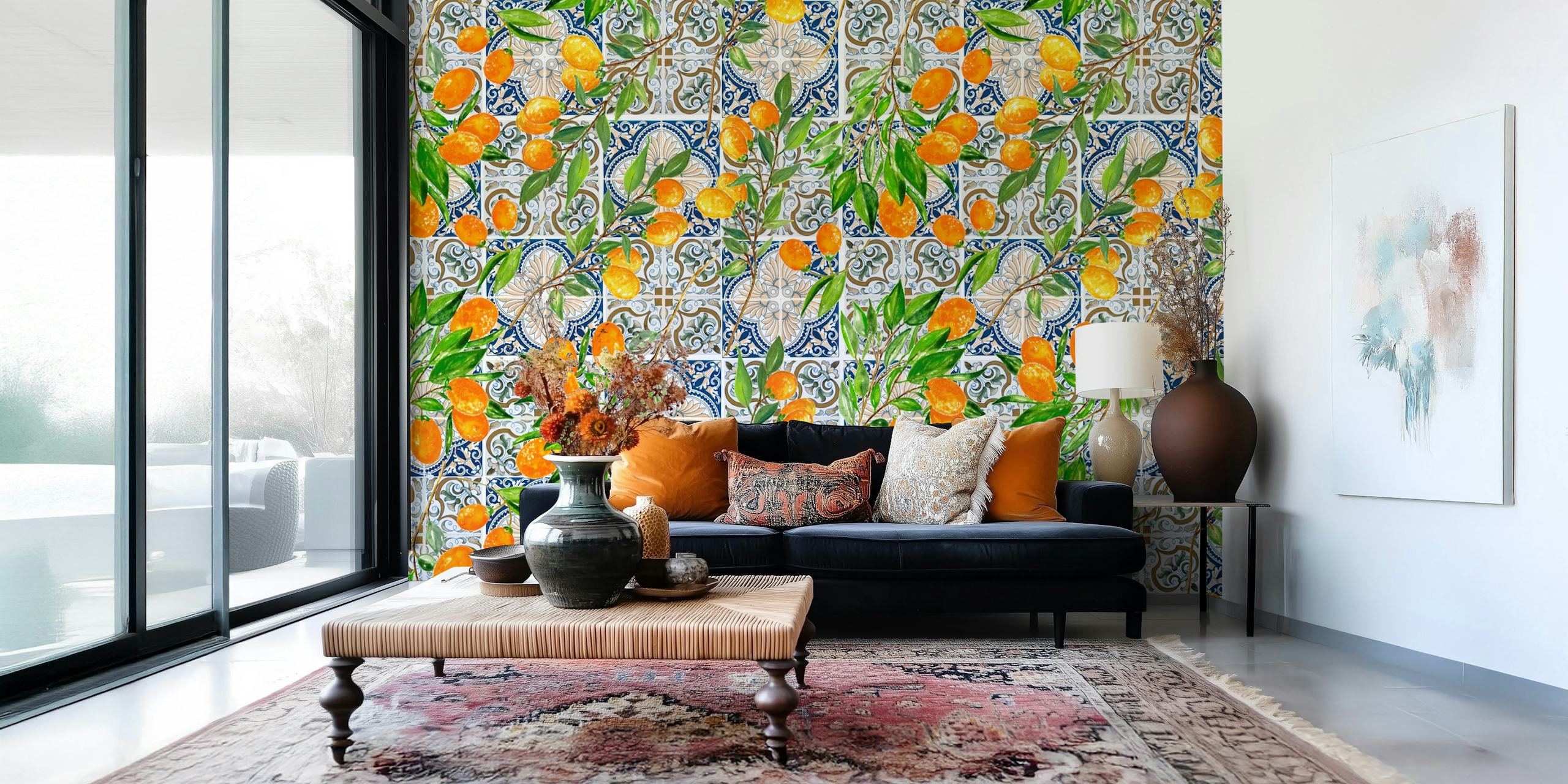 Mediterranean cumquat floral design with oranges and blue tile patterns wallpaper
