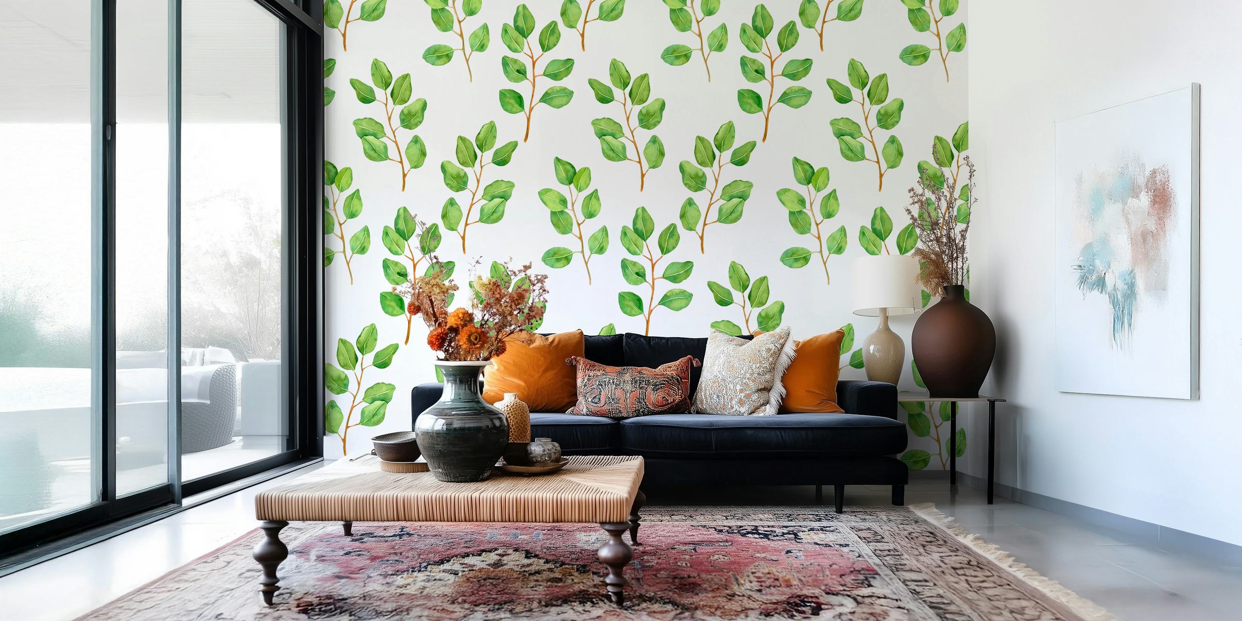 Eucalyptus leaves with green hues on white background wallpaper