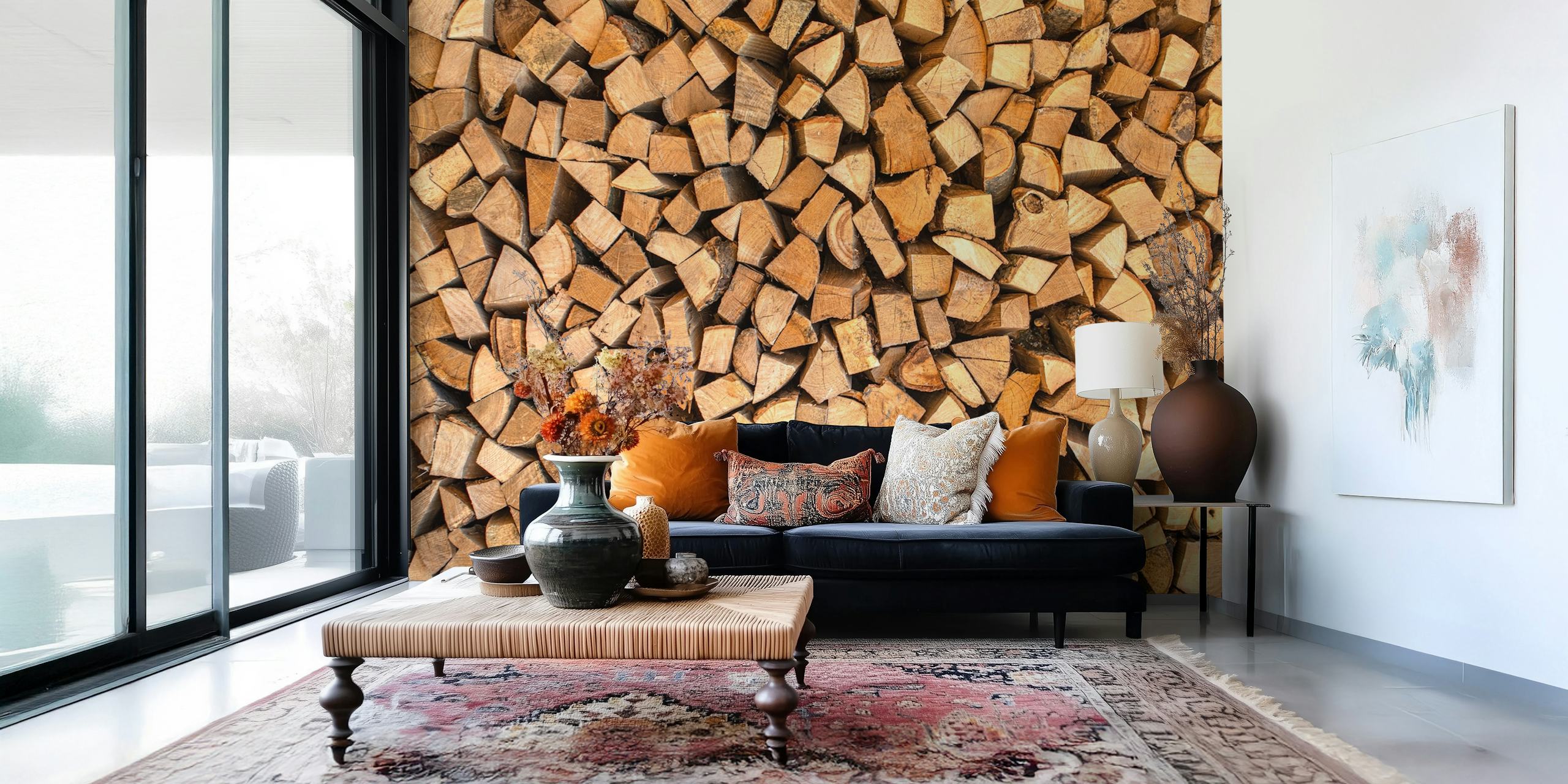 Close-up of stacked firewood logs in varying shapes and sizes wallpaper