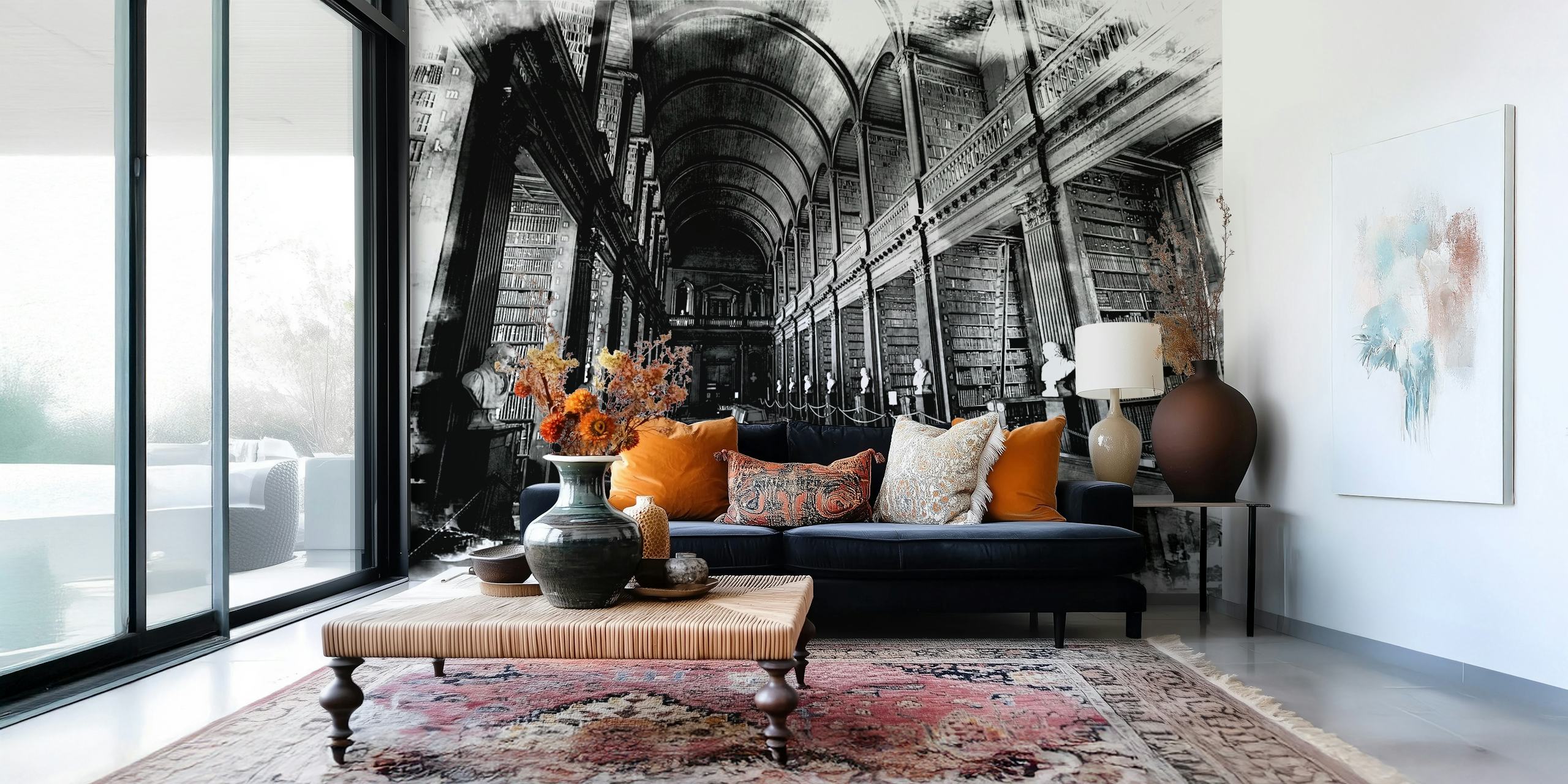 Black and white library interior with shelves and sculptures wallpaper