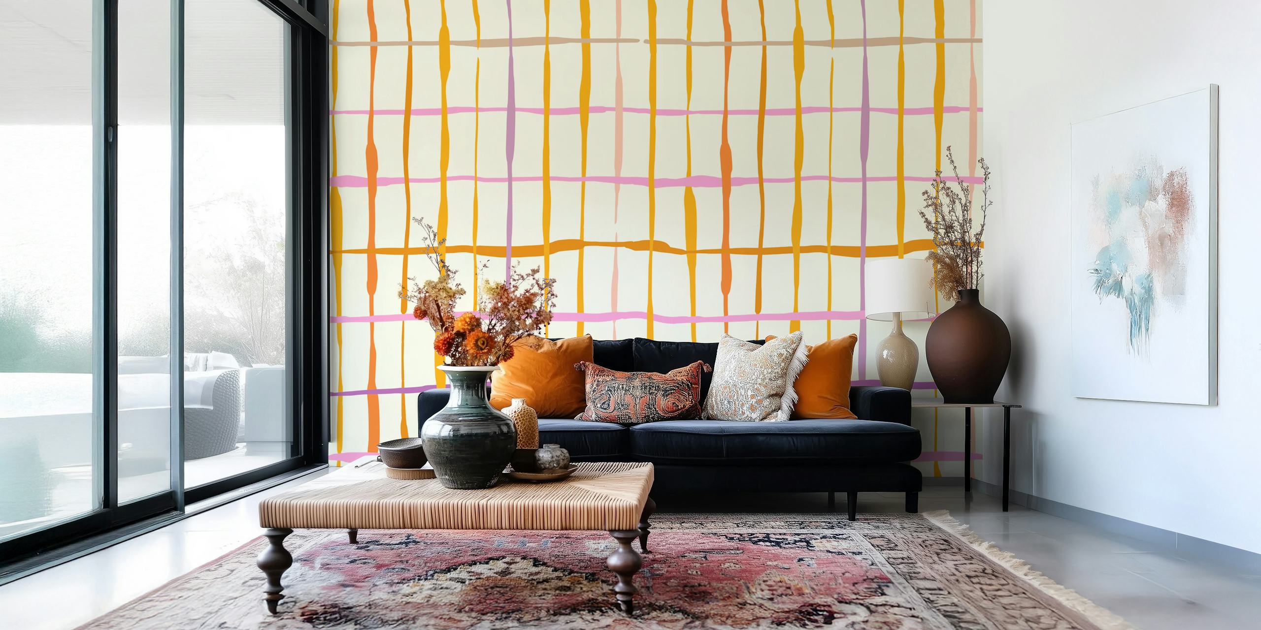Zomerstrepen in oranje, roze en paars op crème achtergrond wallpaper