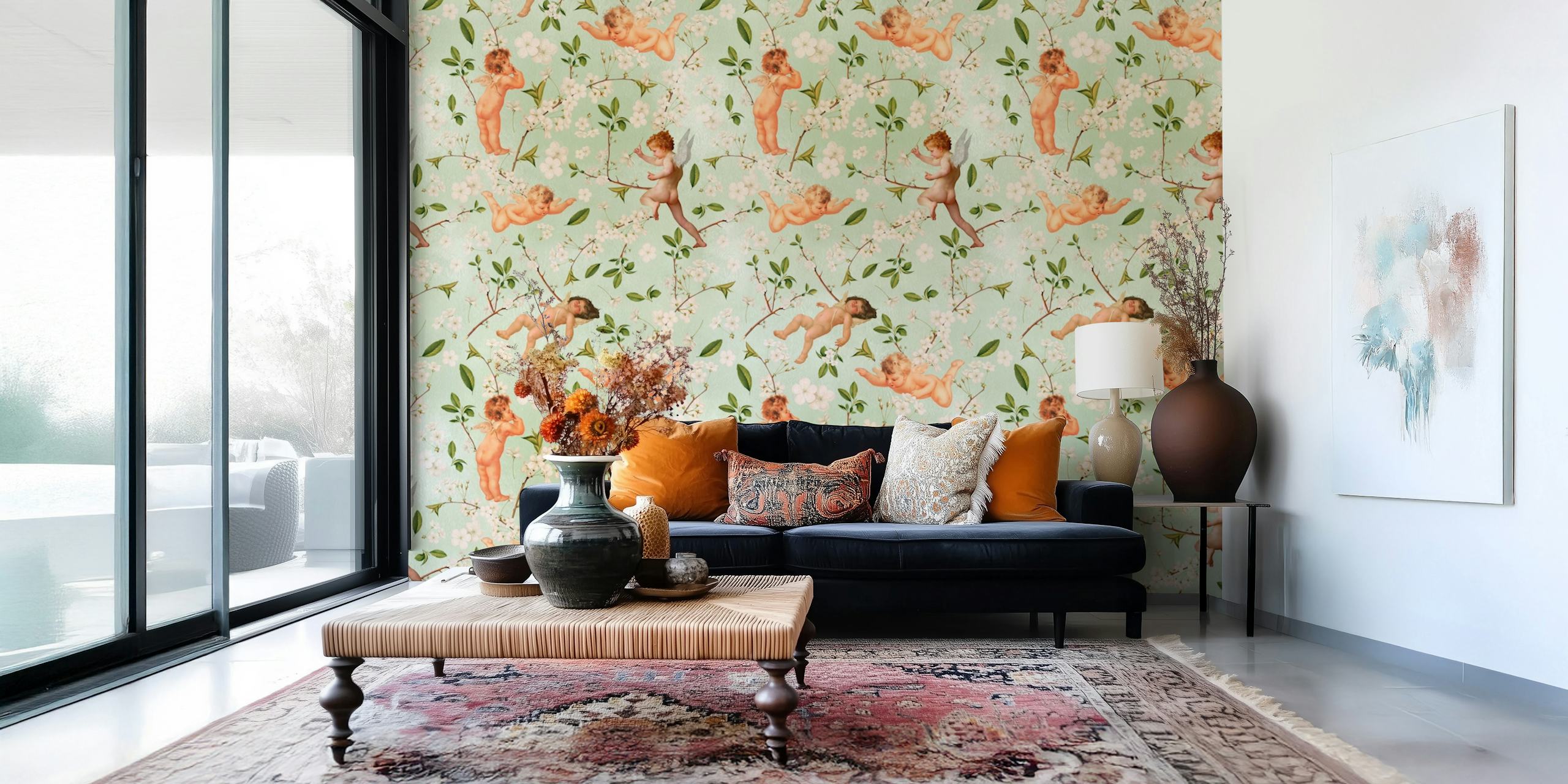 Cherry Blossoms and Cherubs -seinämaalaus, joka kuvaa leikkisä kerubeja pehmeiden vaaleanpunaisten kukkien ja vihreiden lehtien keskellä.