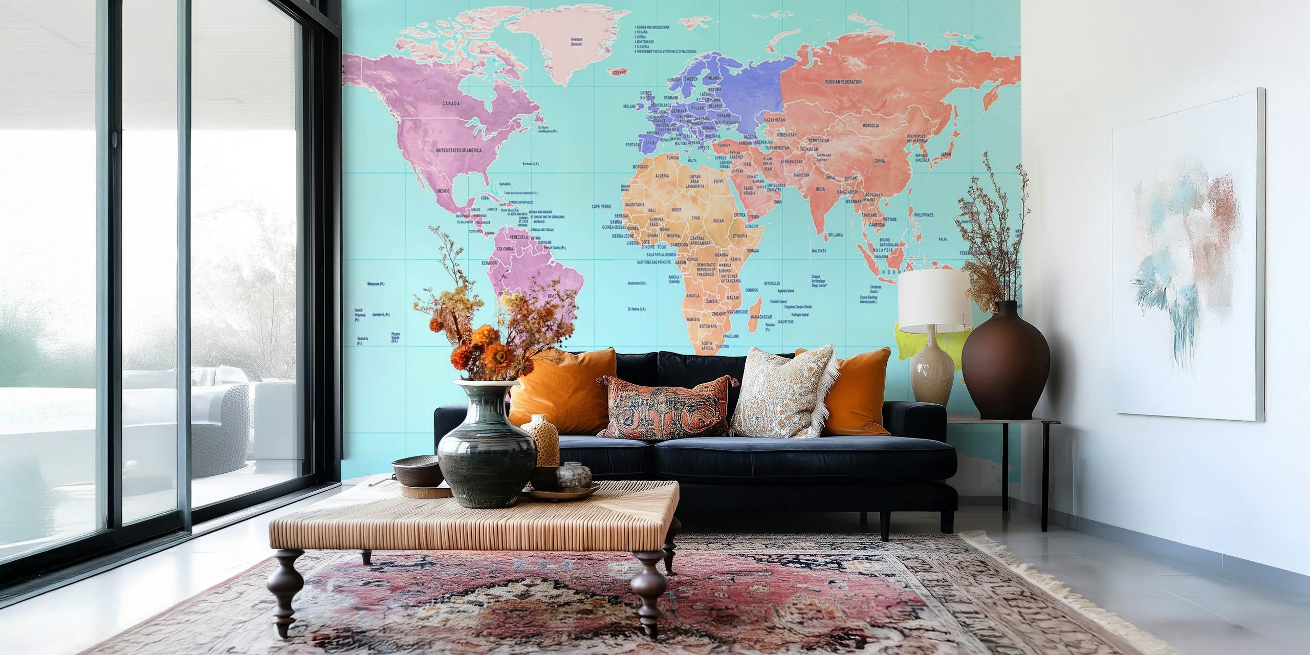 Colorful world map wallpaper with vibrant continents and oceans