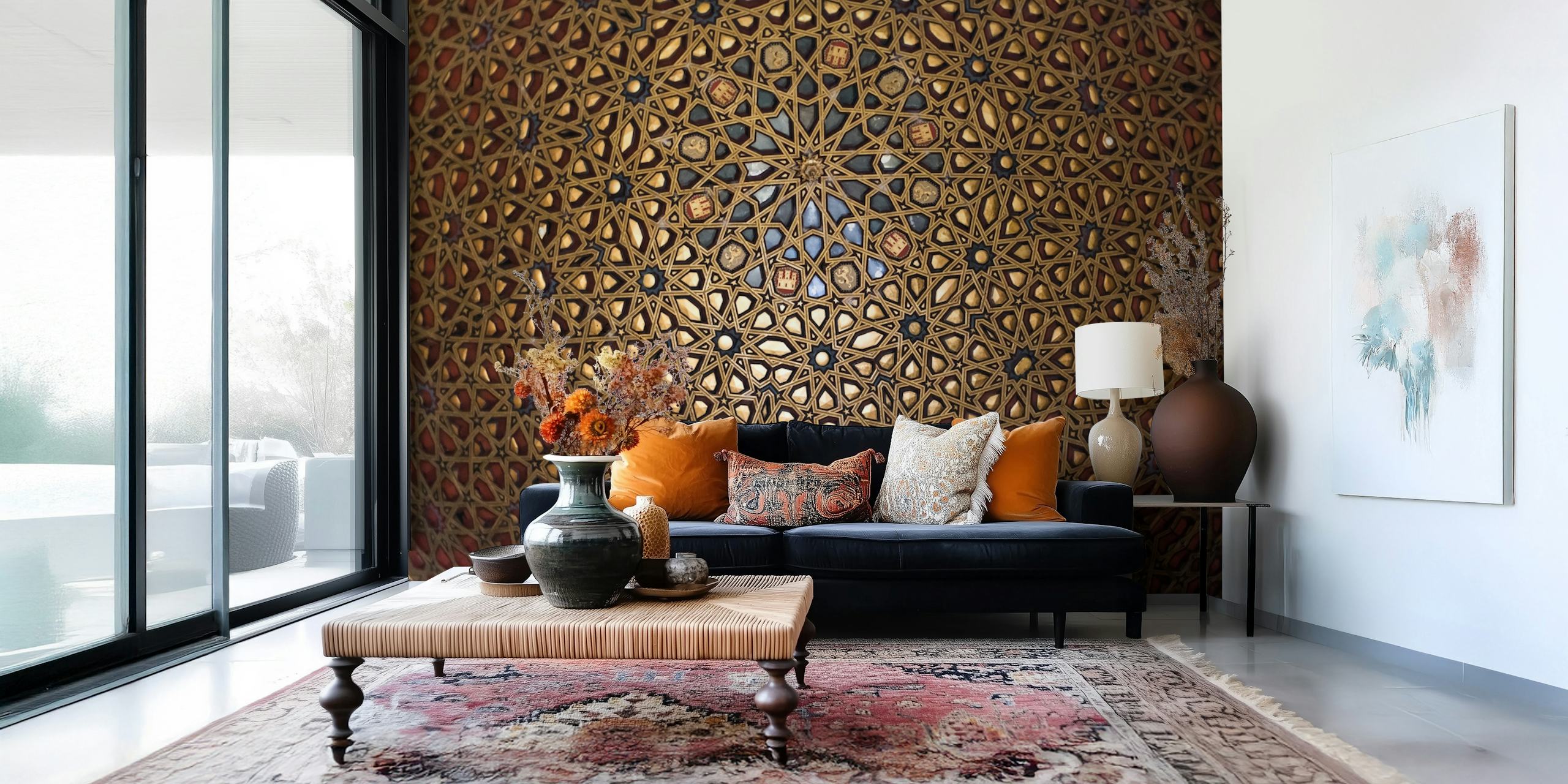 Gold geometric pattern wallpaper with intricate designs