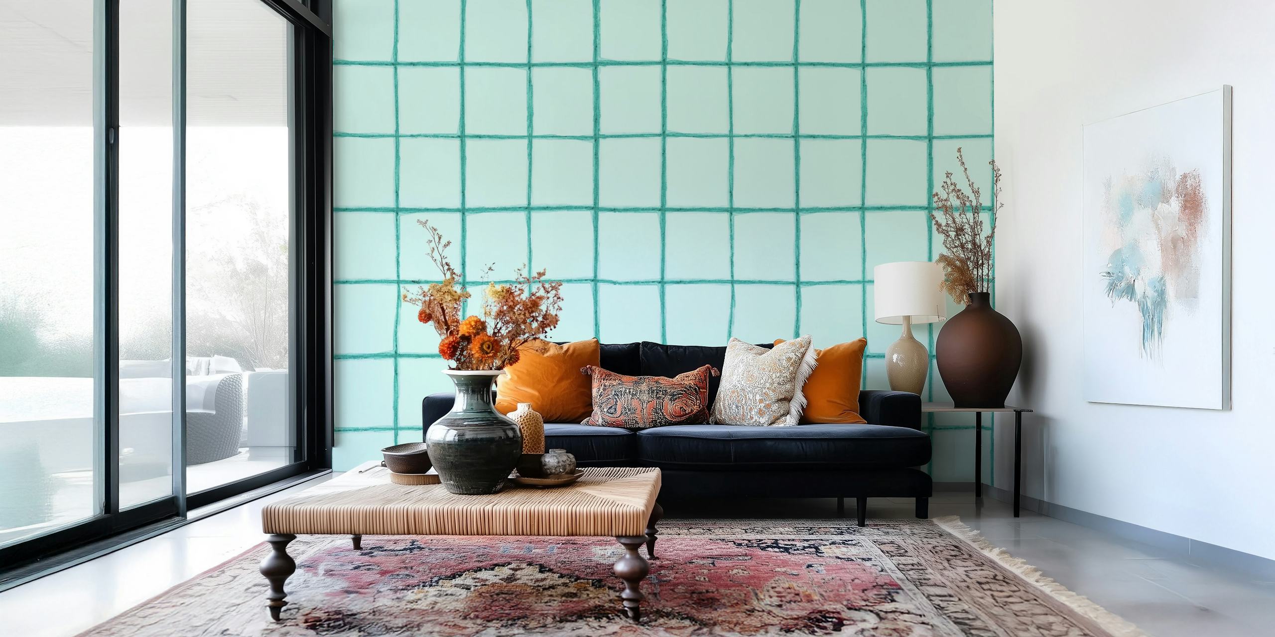 Watercolor Check in Mint tapet i et rum