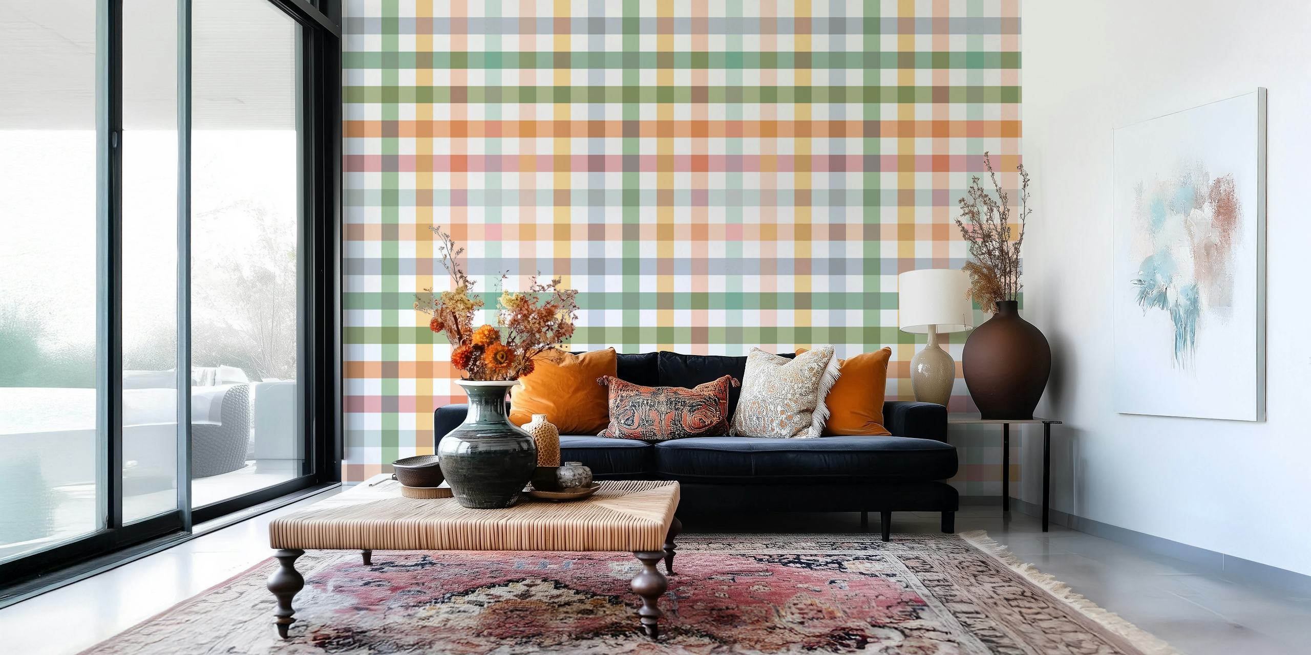 Colorful checkered pattern in green, orange, pink, and white wallpaper