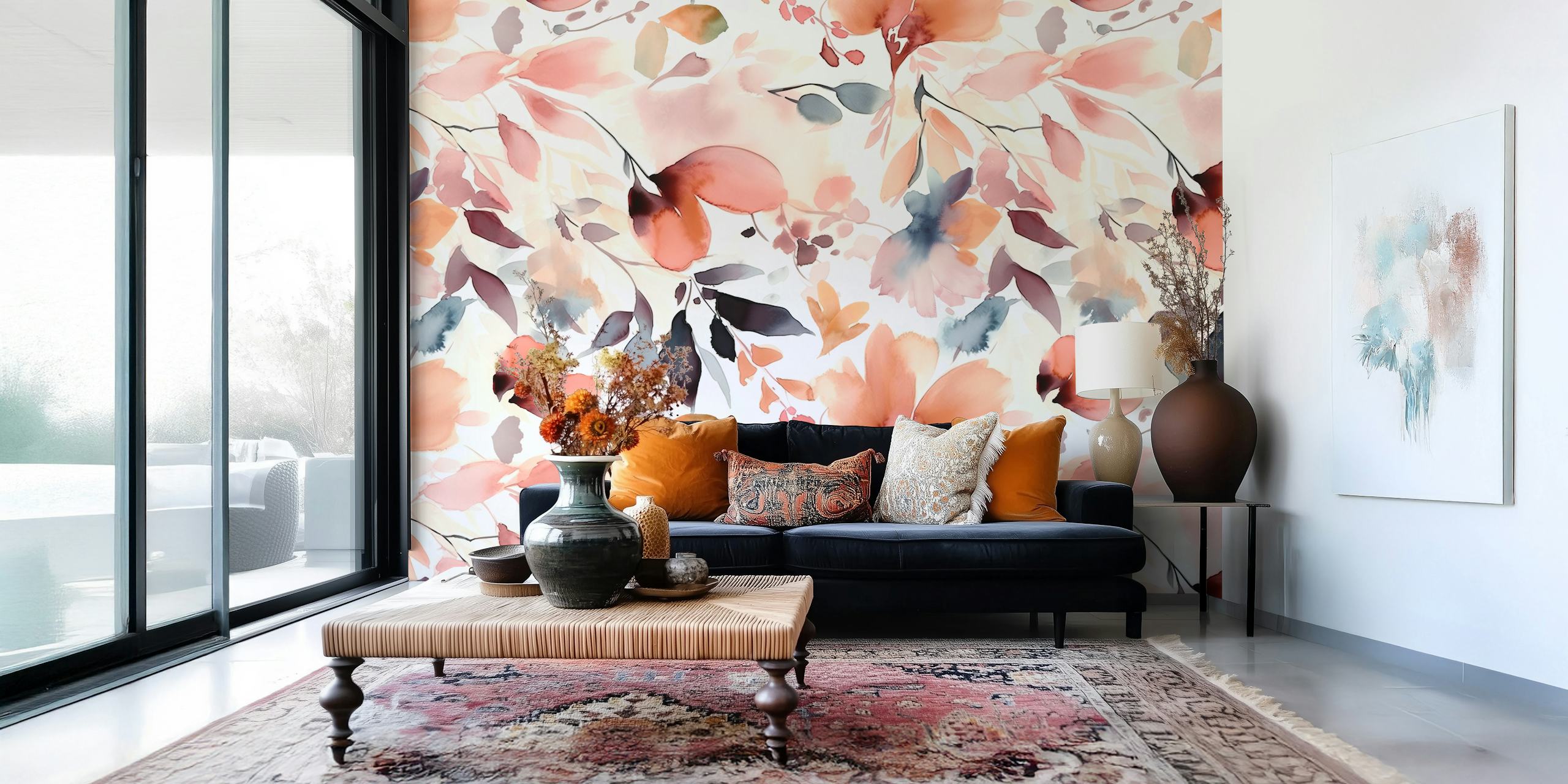Watercolor florals wallpaper design in a room
