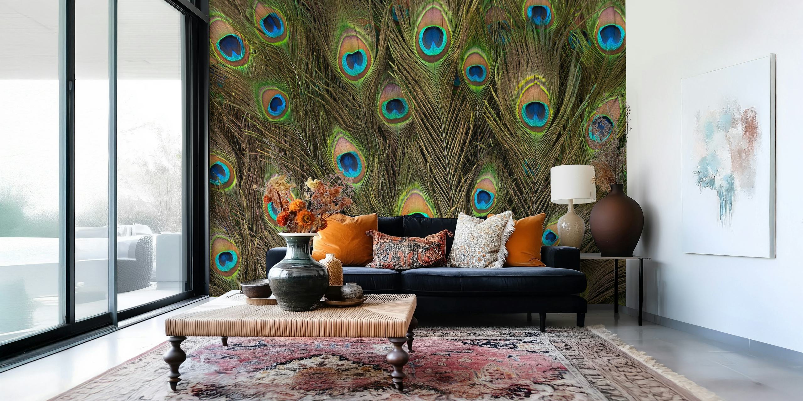 Projekt tapety Peacock Feathers w pokoju