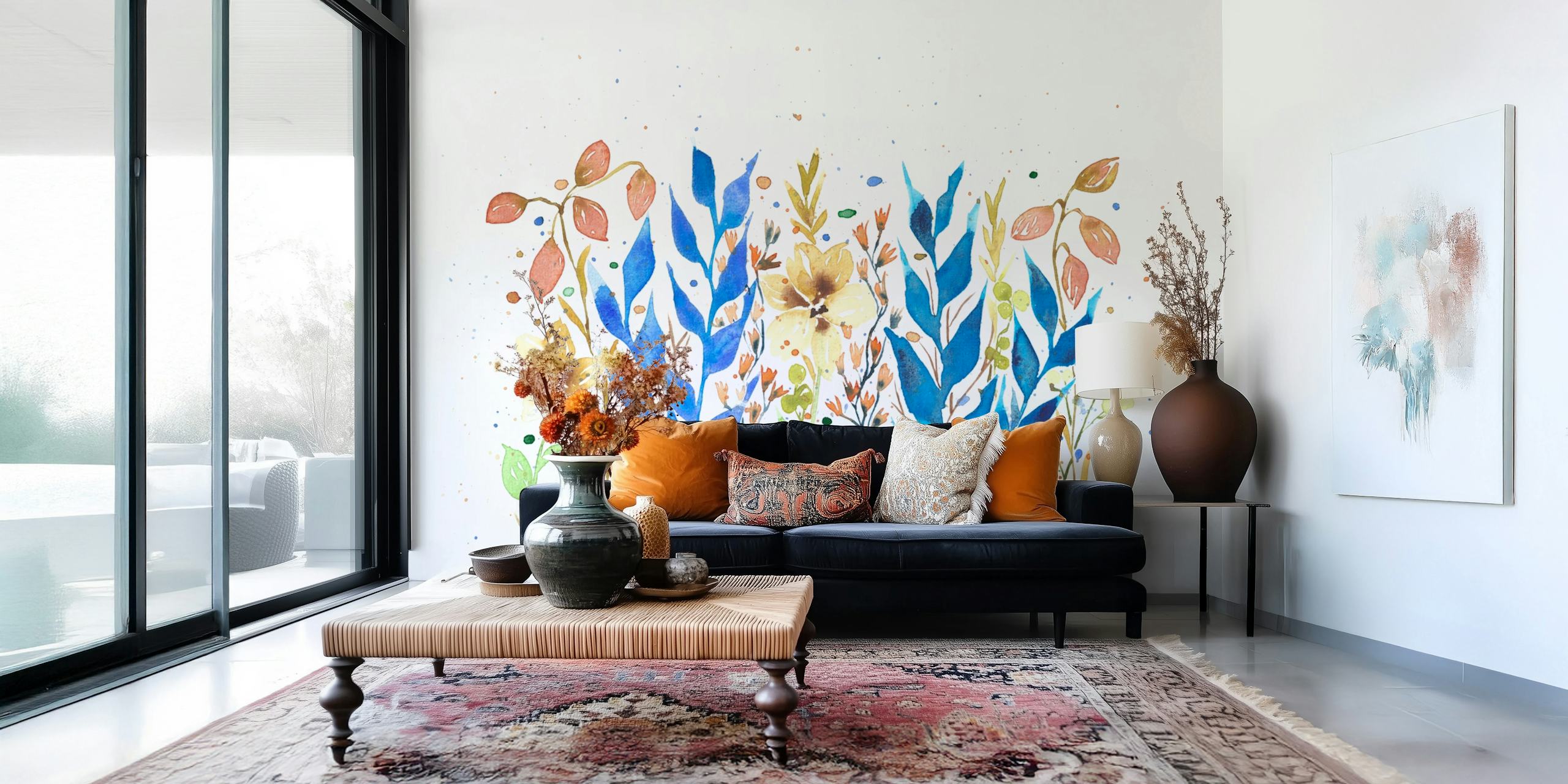 Colorful watercolor floral design in blue, yellow, and green wallpaper