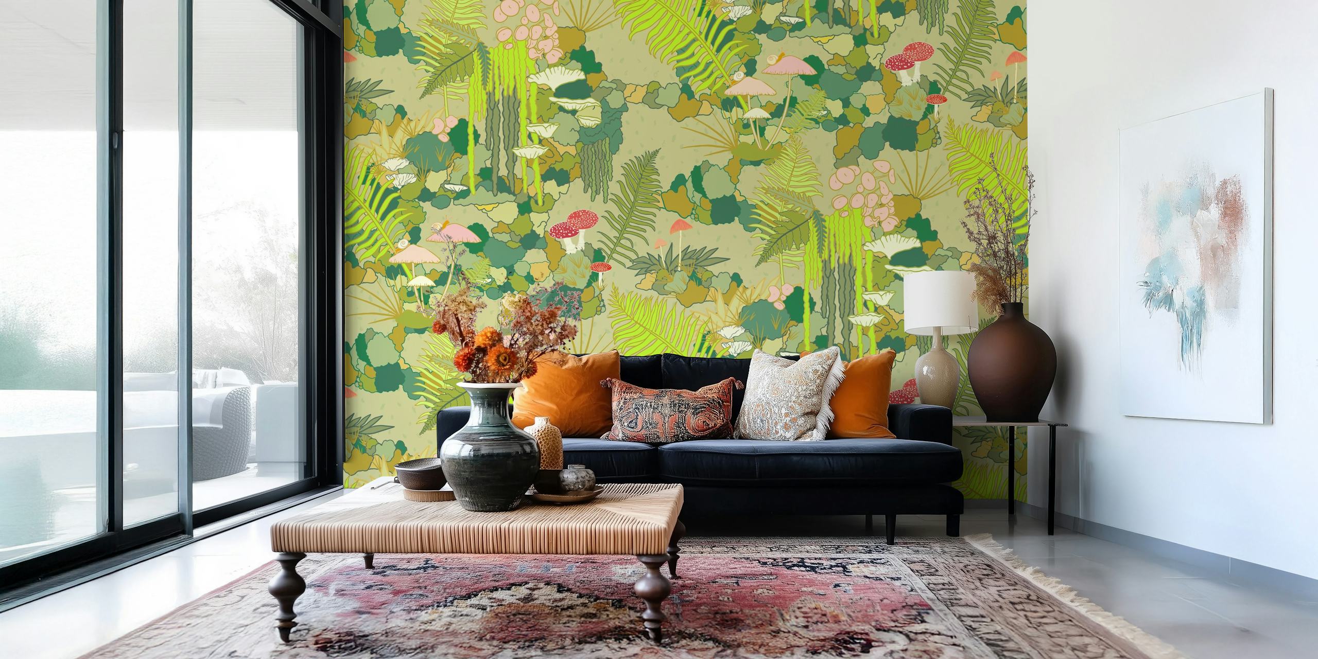 Mural de suelo de bosque cubierto de musgo que representa un rico patrón de follaje y setas