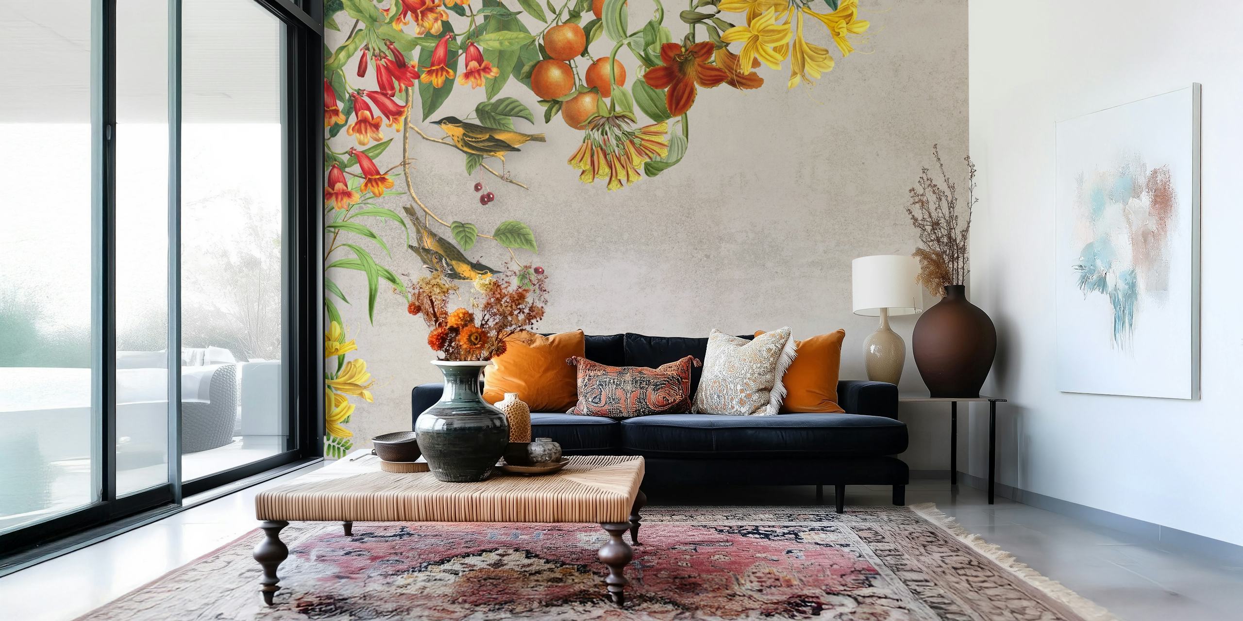 Floral and bird motifs with orange and yellow flowers, green leaves, and birds on a textured gray background wallpaper