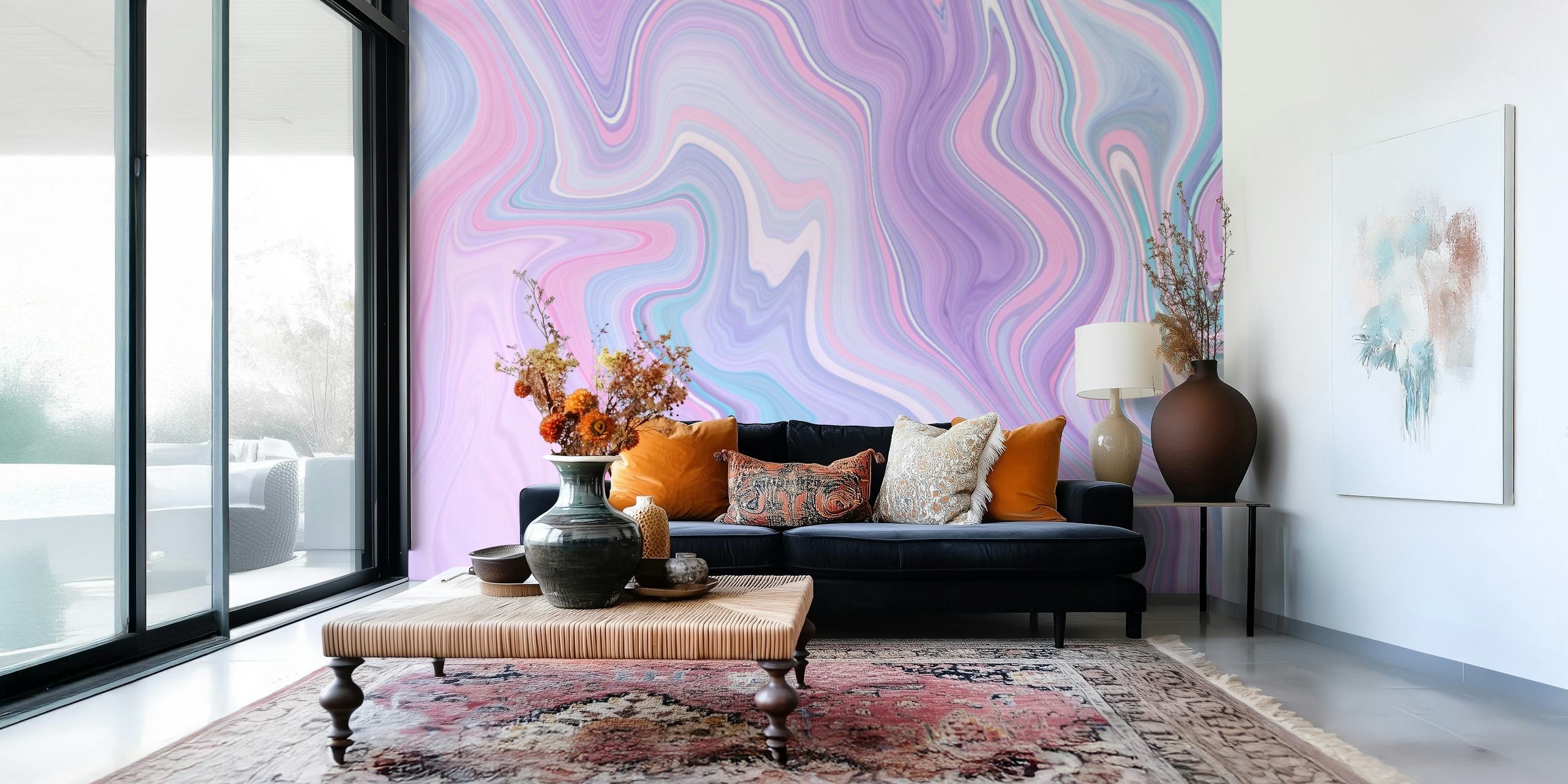 Colorful liquid marble wallpaper with pink, purple, and teal swirls