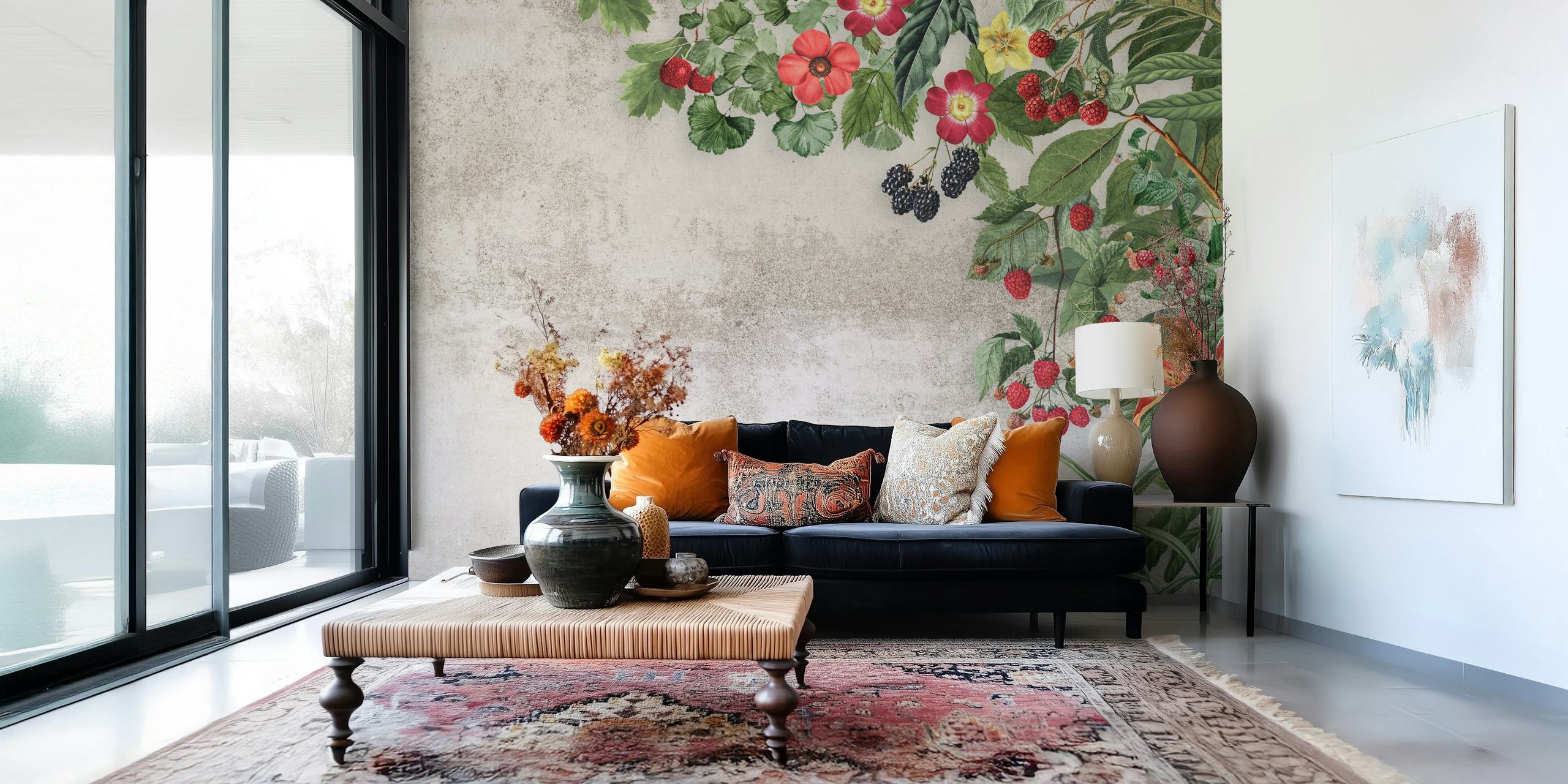 Floral berry pattern with raspberries, blackberries, and flowers on textured wallpaper