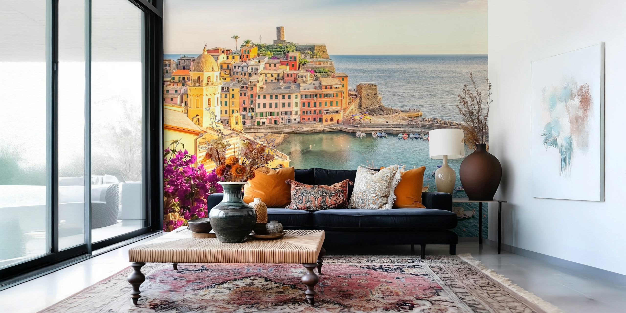 Colorful seaside village with boats and flowers wallpaper