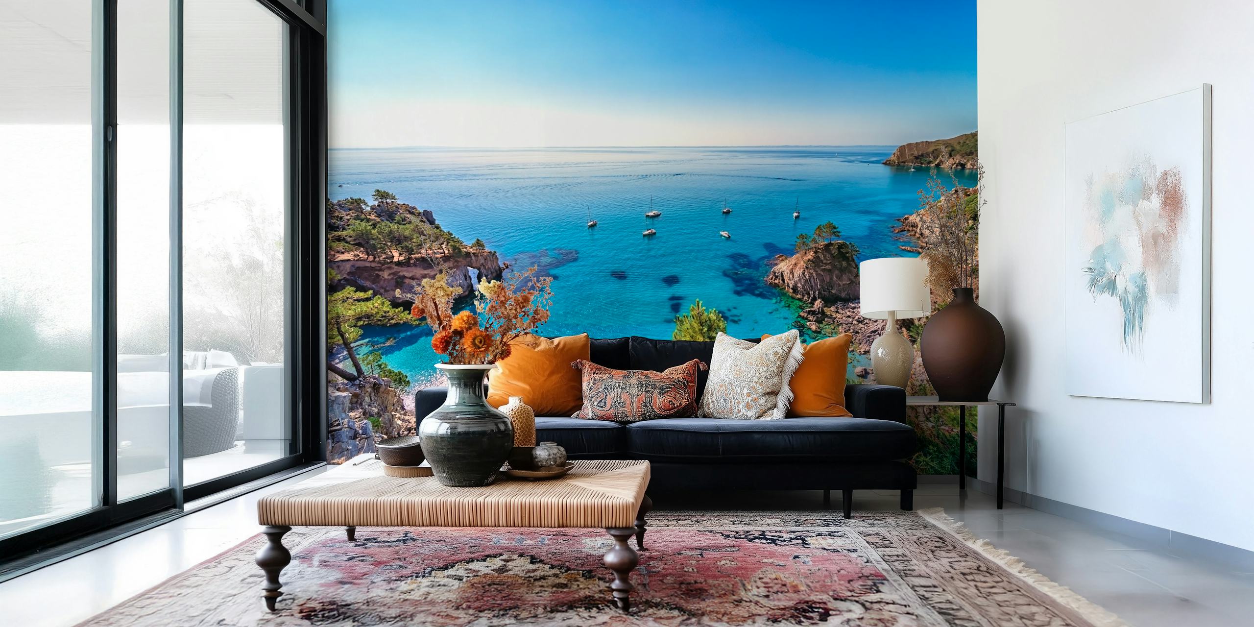 Ocean view with boats and green shoreline wallpaper