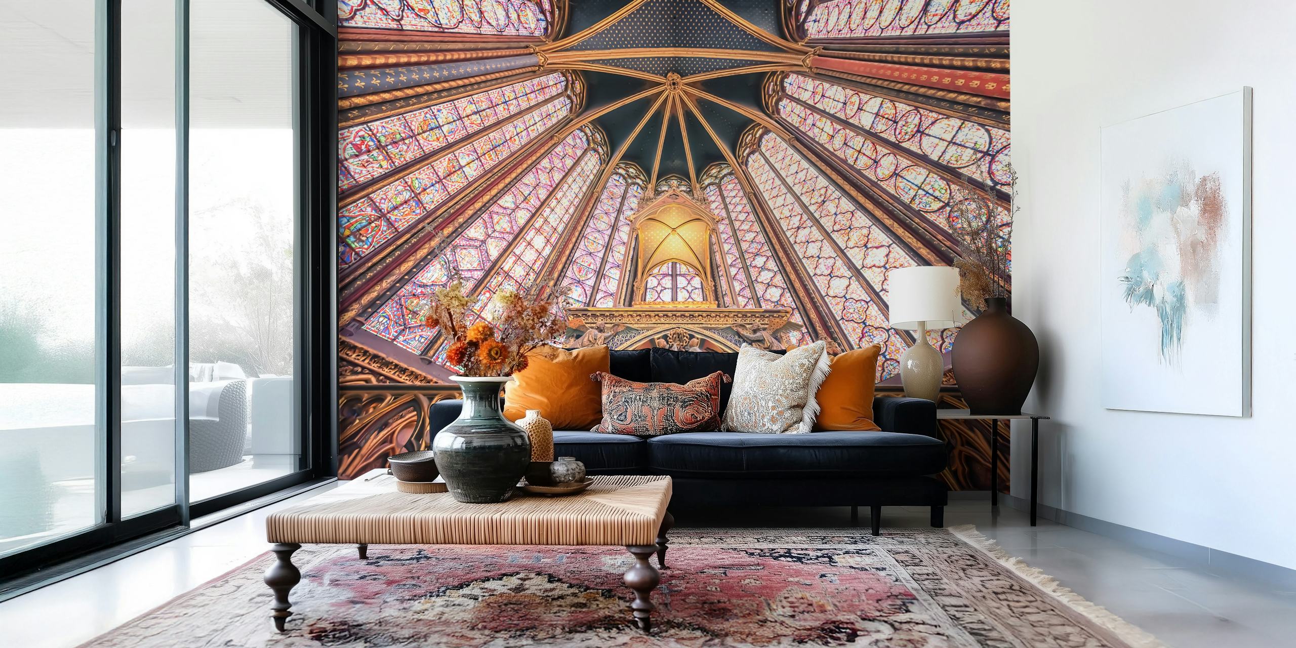 The Sainte-Chapelle Gothic architecture wall mural featuring the iconic ceiling's vibrant patterns and hues.