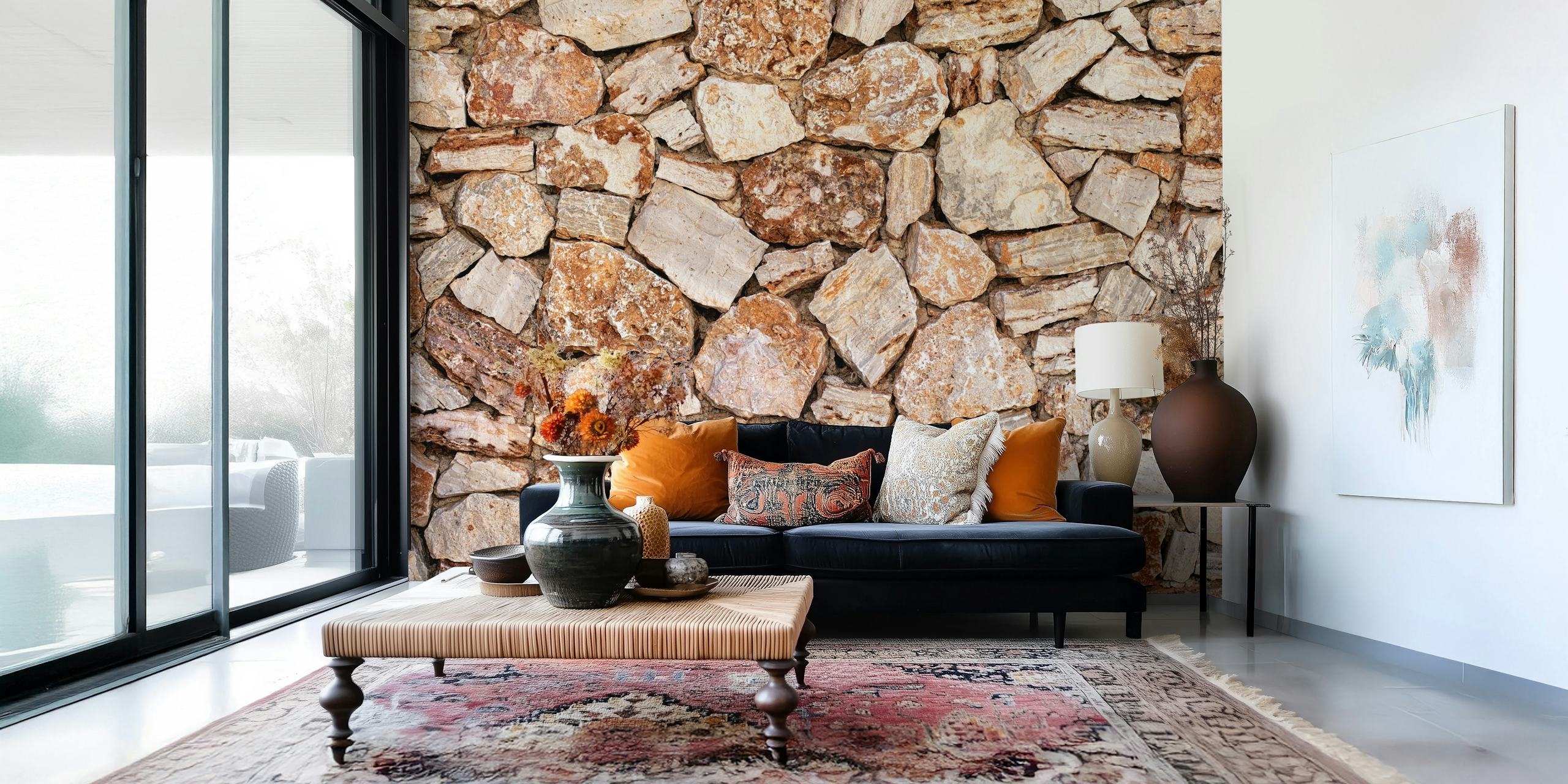 Mediterranean limestone wall wallpaper in a room
