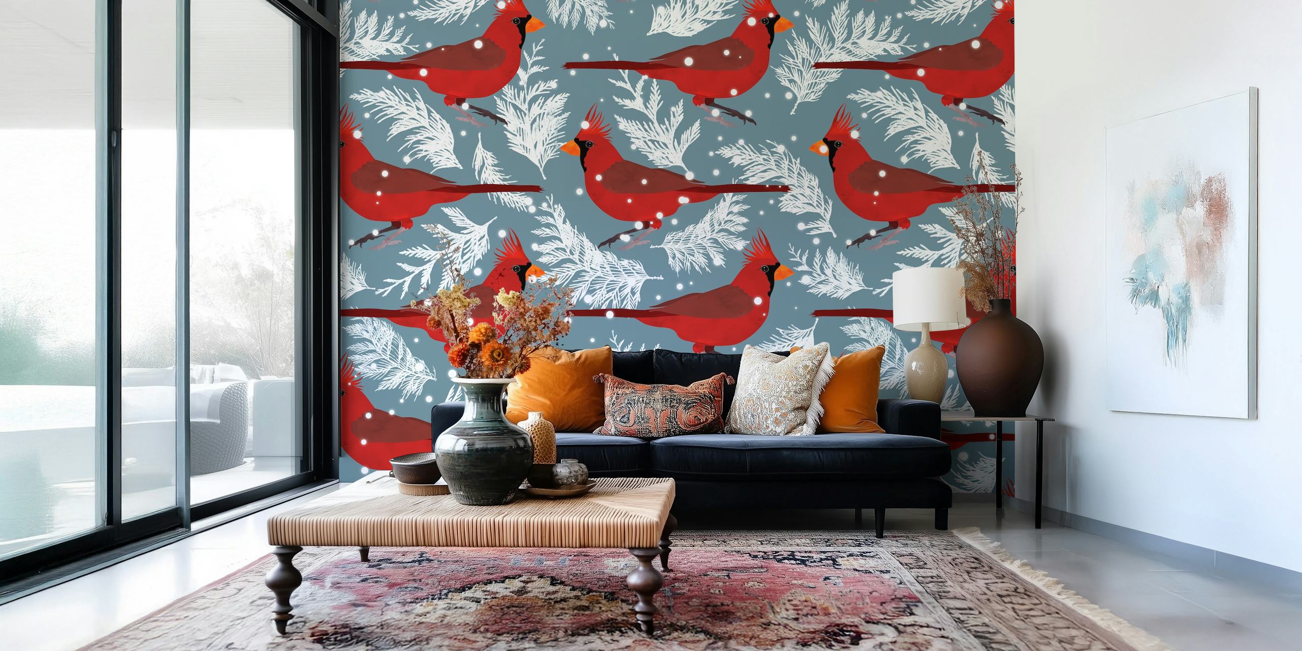 Red cardinals on white branching leaves against a blue background wallpaper