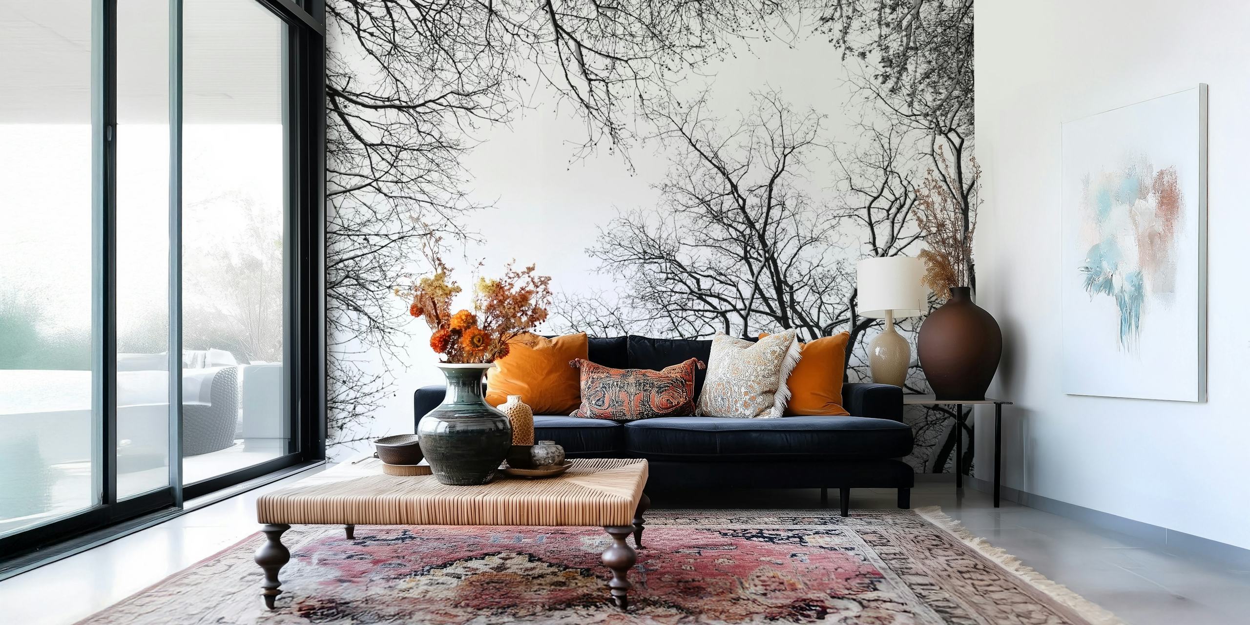 Snowy tree silhouettes wallpaper in a room