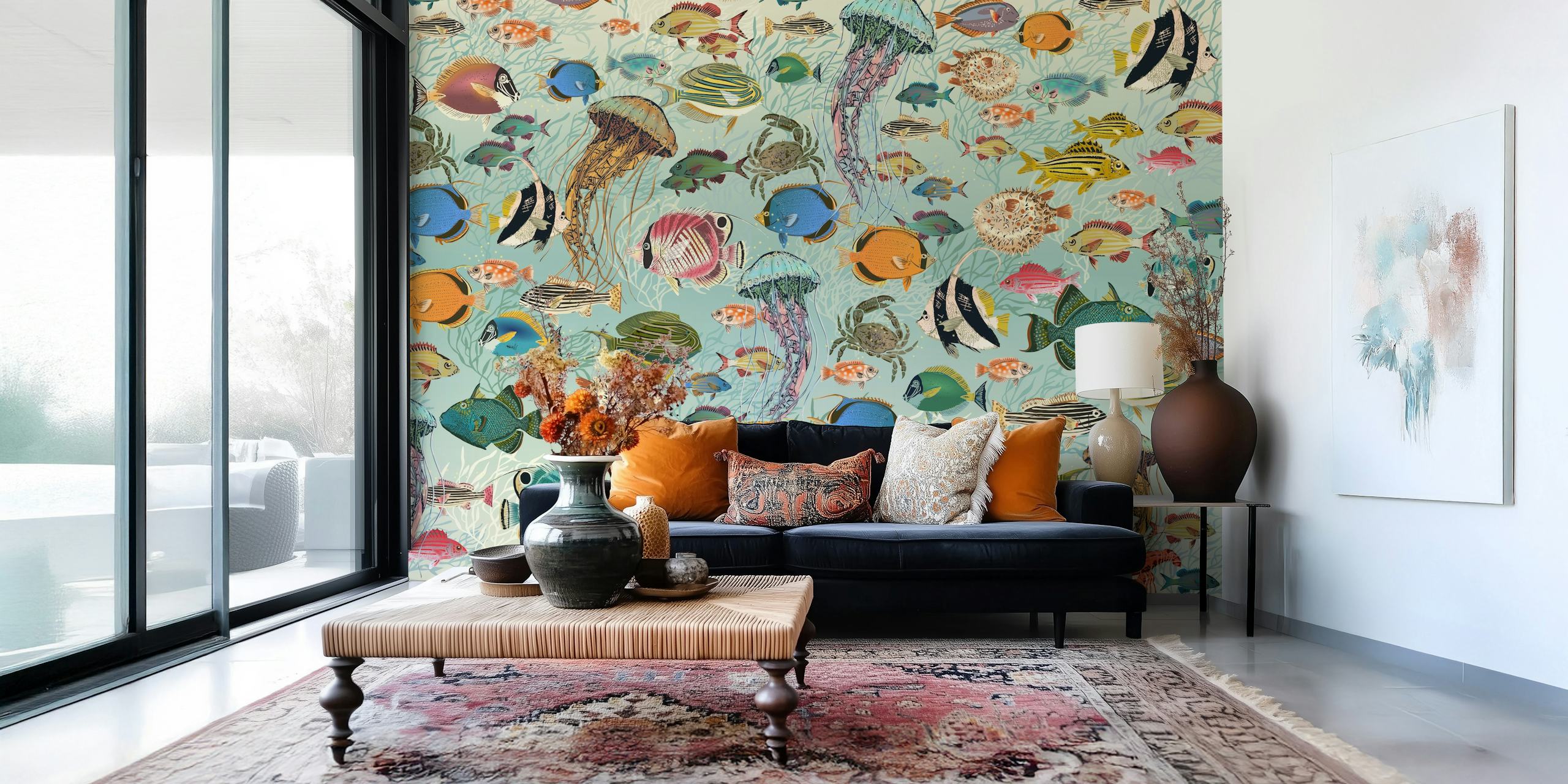 Colorful fish and jellyfish pattern in shades of blue and orange wallpaper