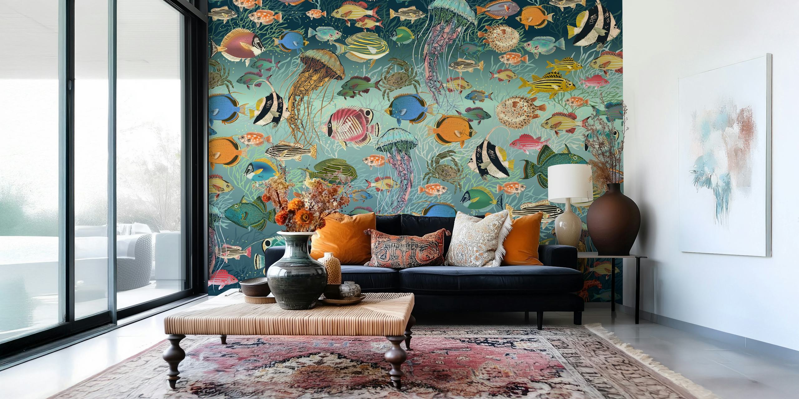 Colorful fish and jellyfish pattern in blue wallpaper