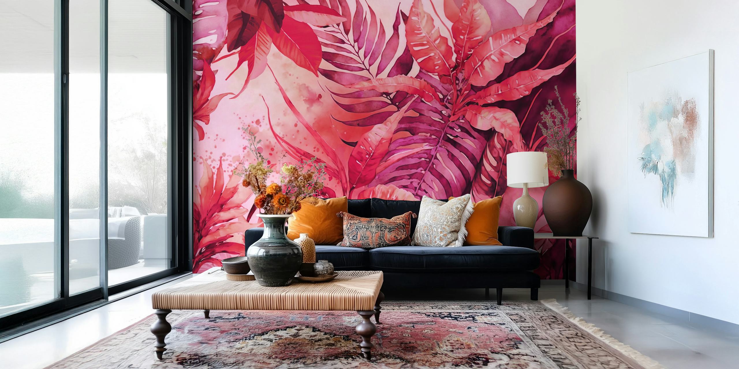 Tropical foliage in vibrant pinks and reds wallpaper