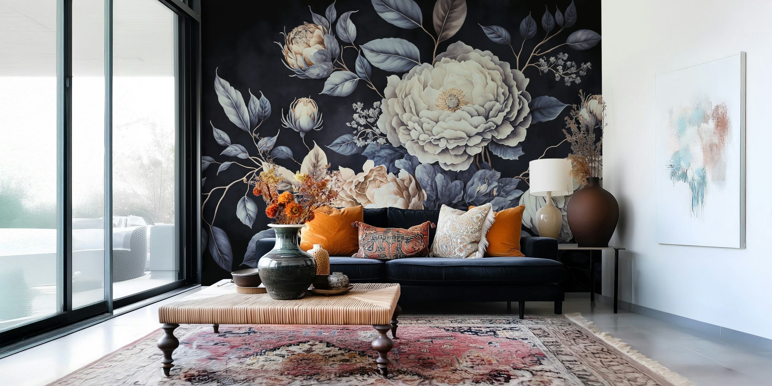 Large floral design with pale flowers and dark leaves wallpaper