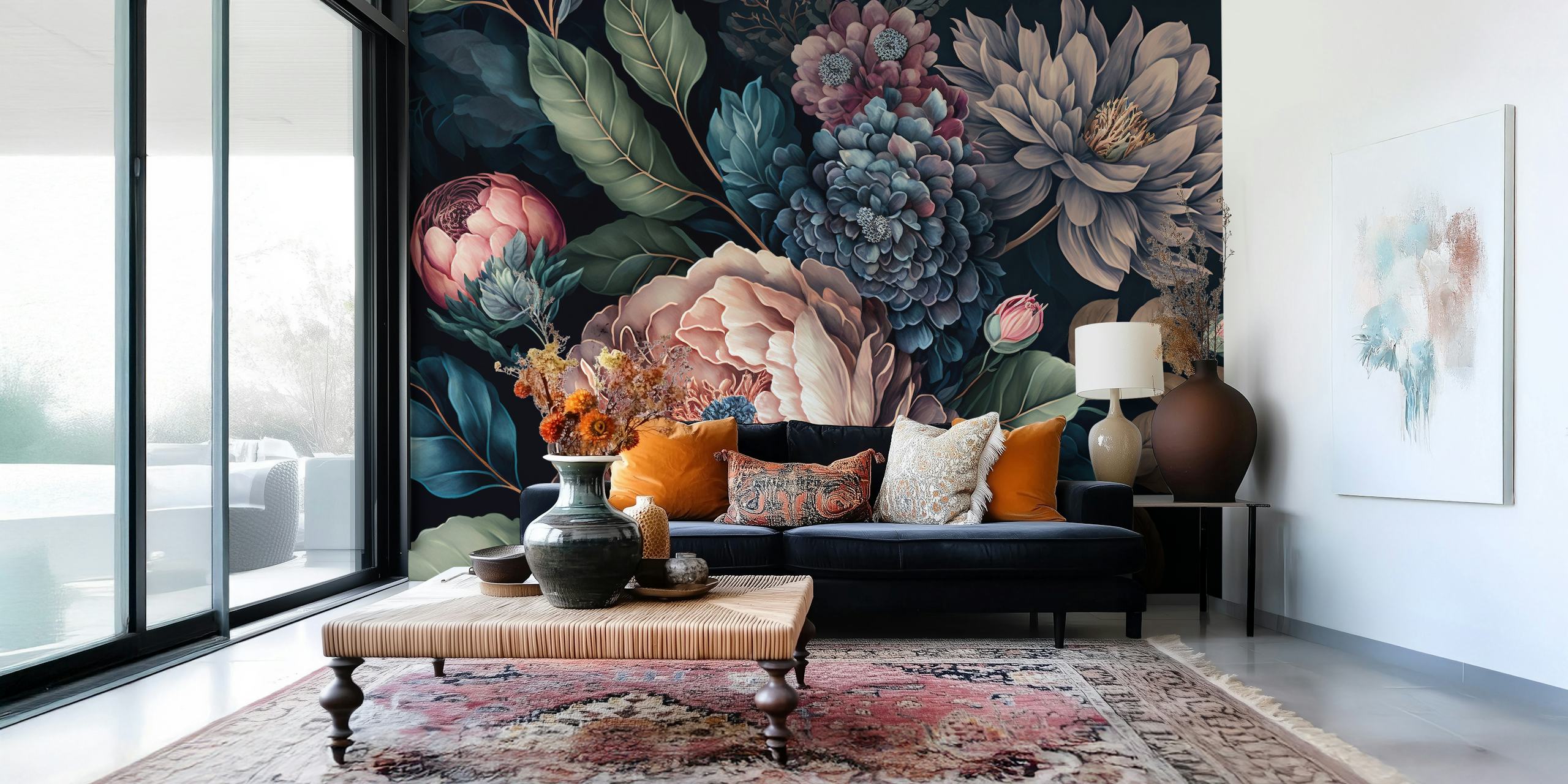 Moody Baroque style large floral wall mural with dark background and richly-hued flowers