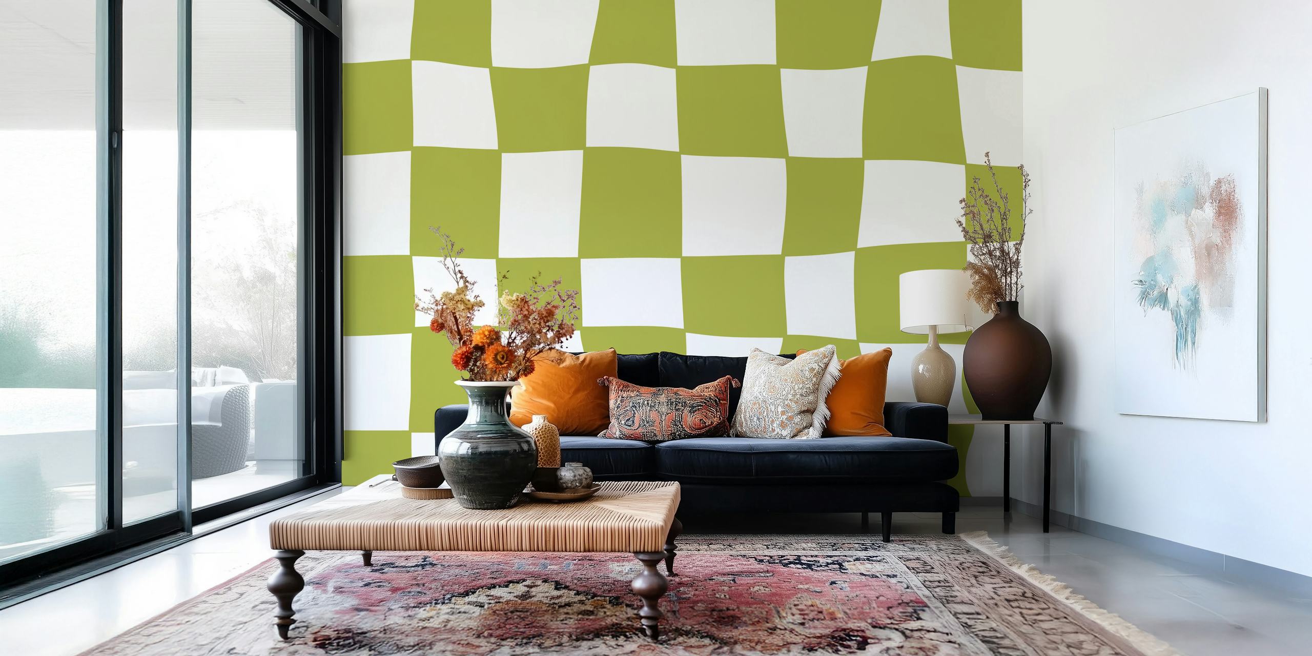 Checkered pattern in olive green and cream wallpaper