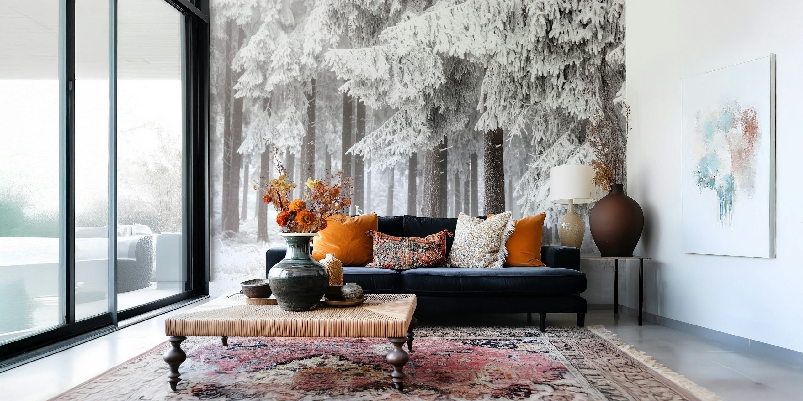 Snowy winter forest with tall trees and white landscape wallpaper