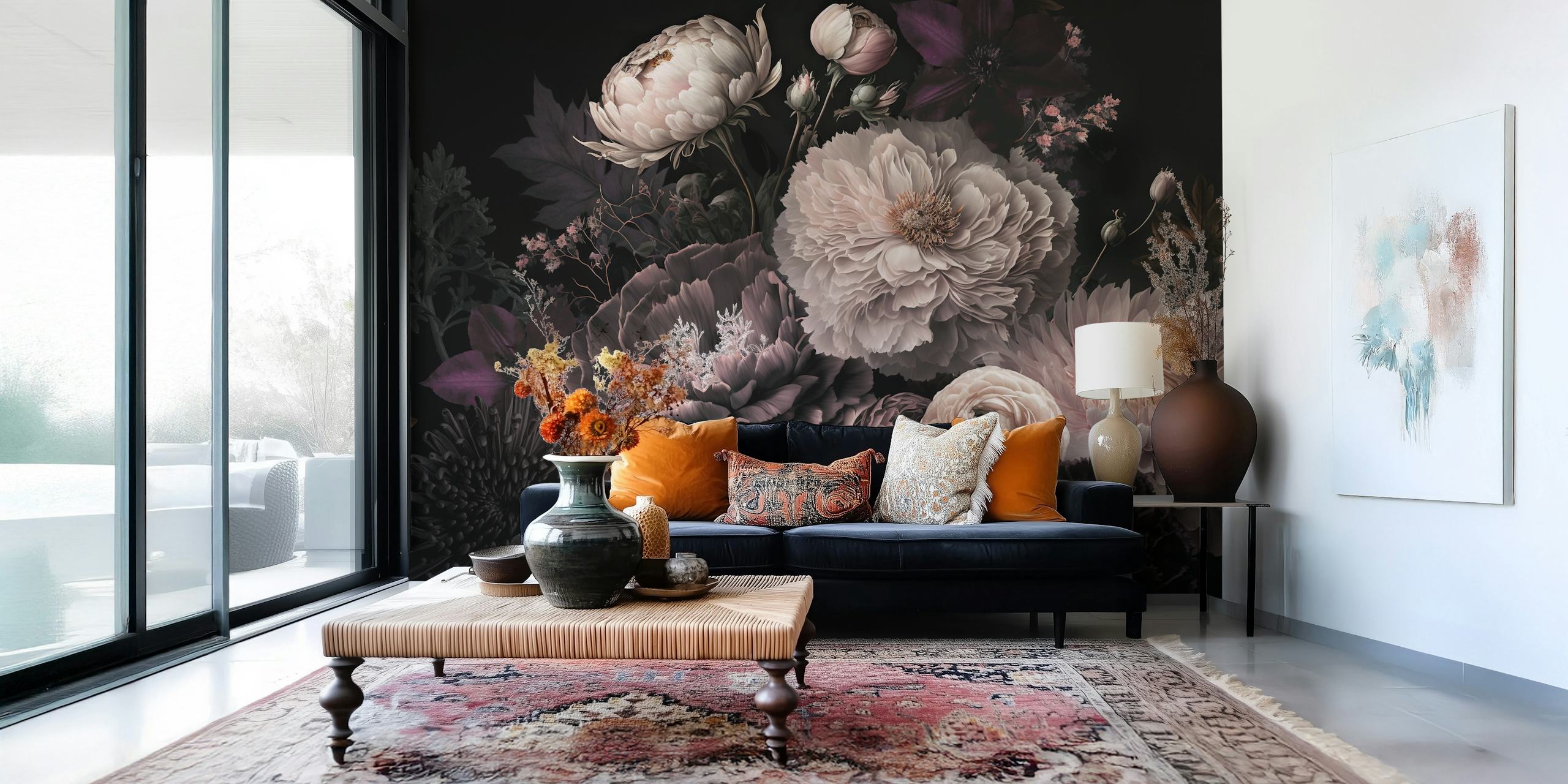Dark moody floral wallpaper featuring peonies and blossoms in deep tones