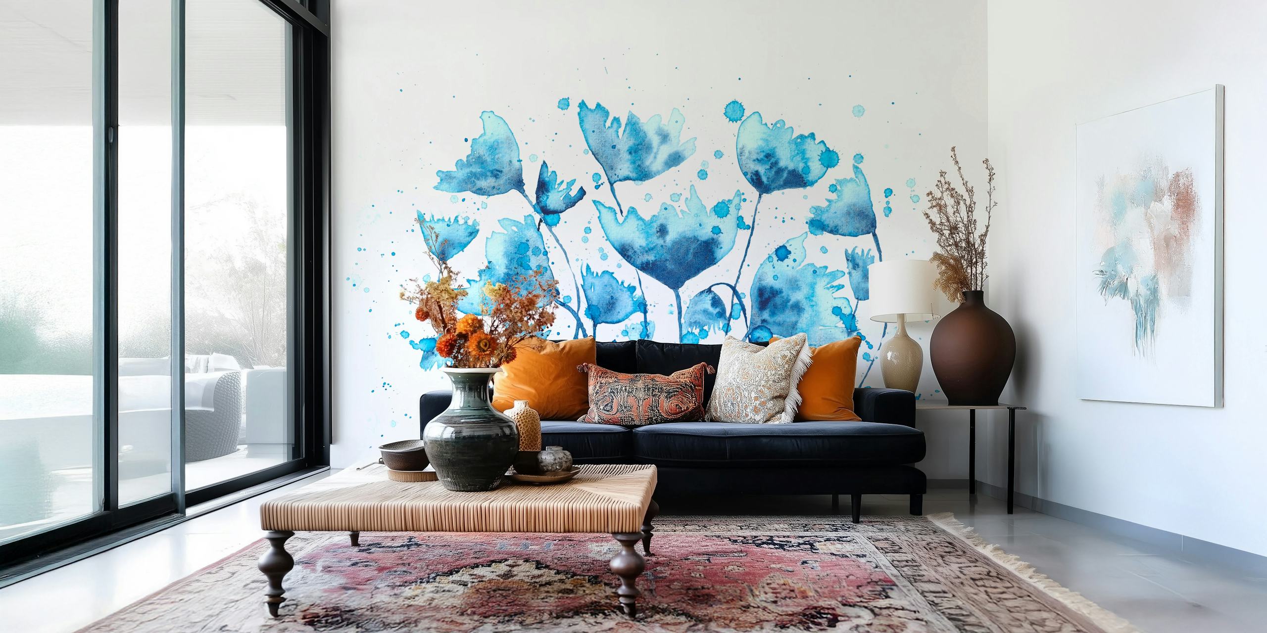 Carta da parati con disegno floreale ad acquerello blu raffigurante una serena scena di giardino