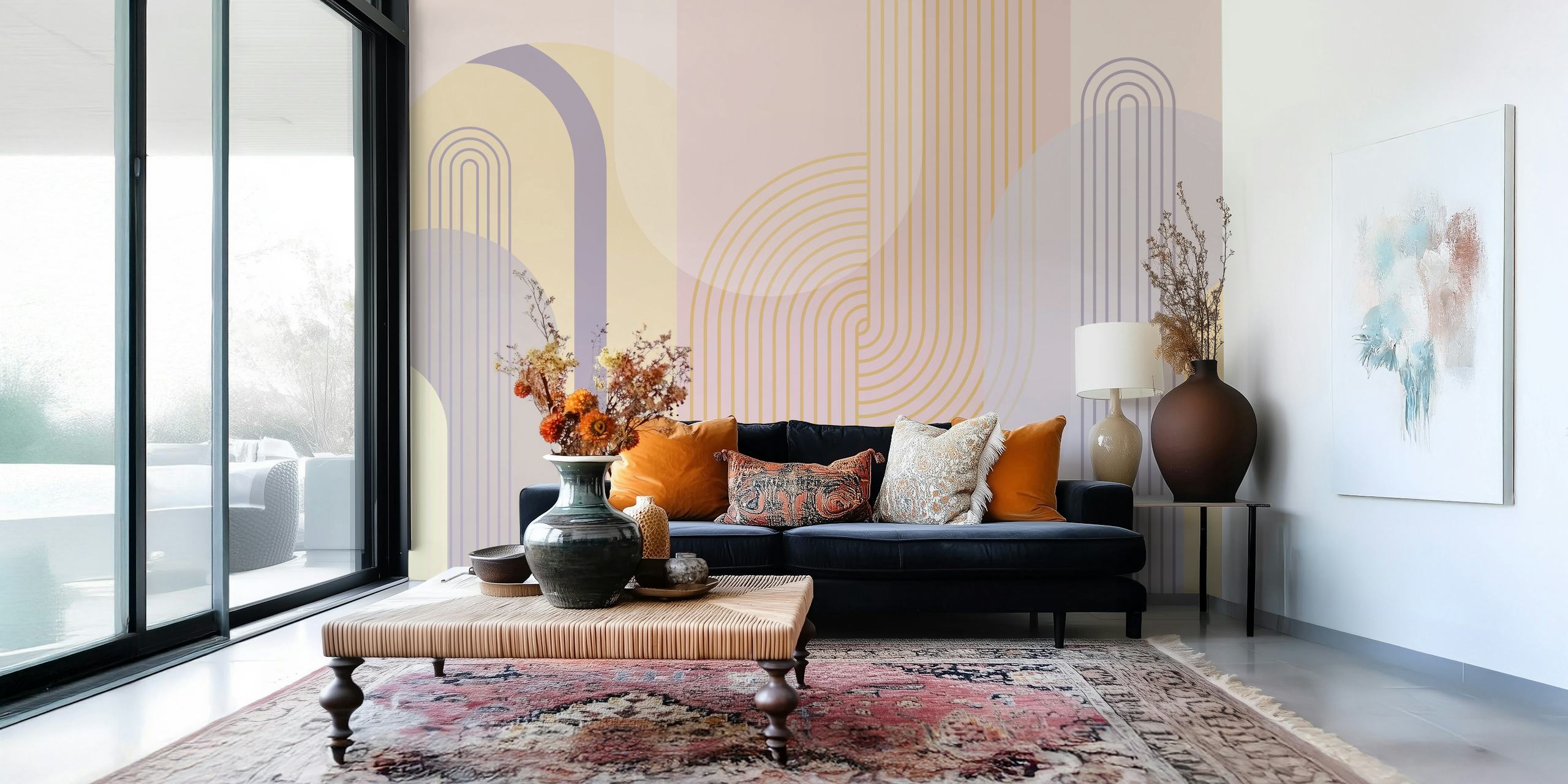 Abstract arches wall mural in pastel tones of blush, taupe, and cream