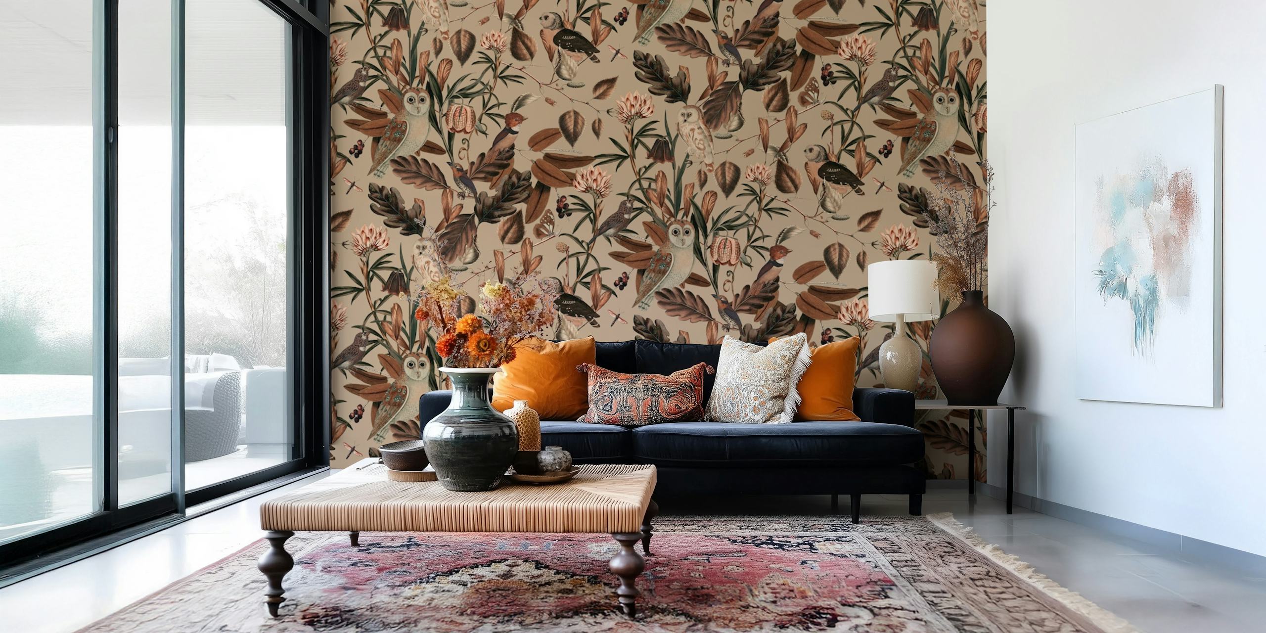 Owls and floral elements in muted colors wallpaper