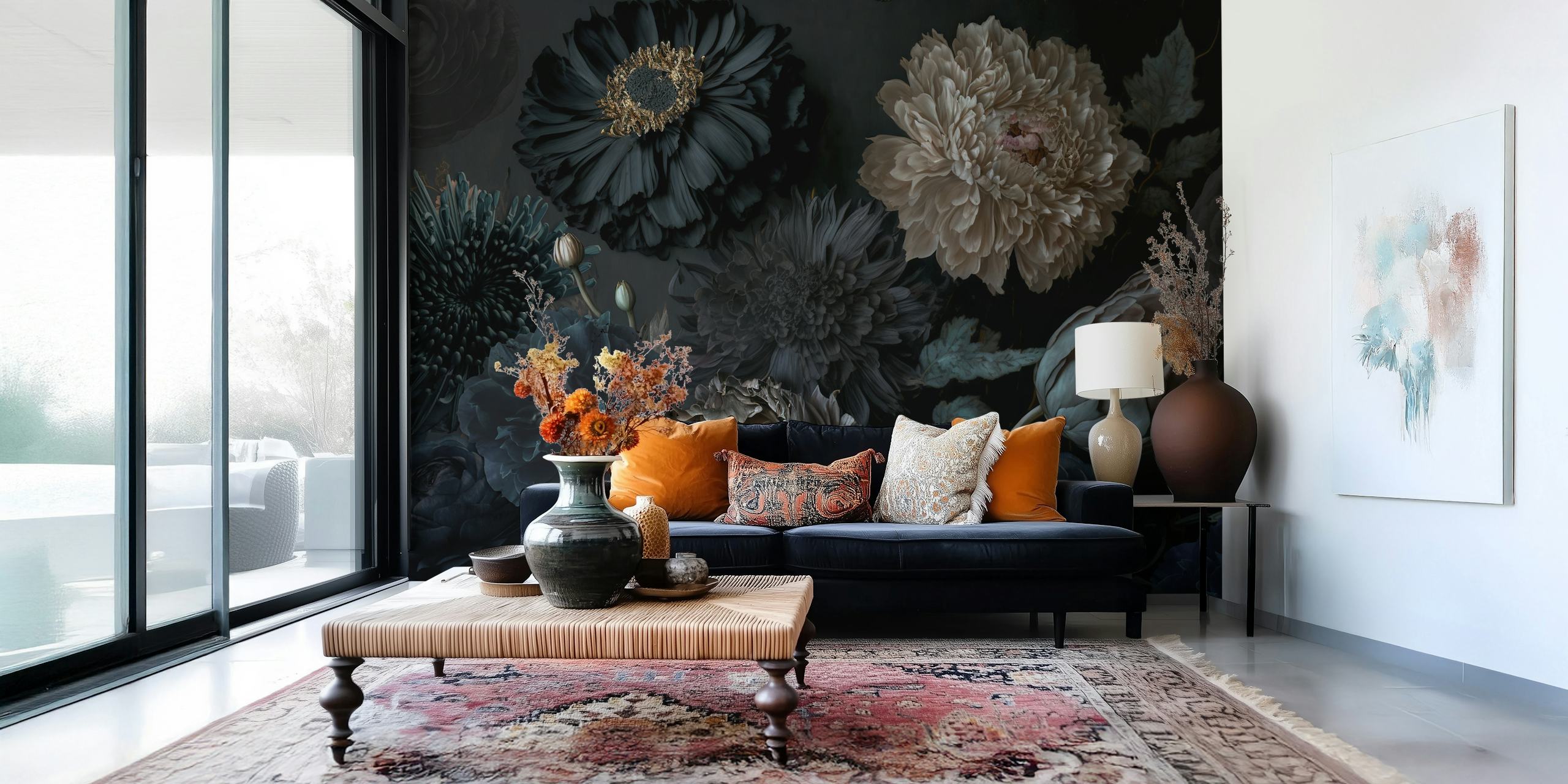 Donkere bloemen in verschillende tinten zwart en nude wallpaper