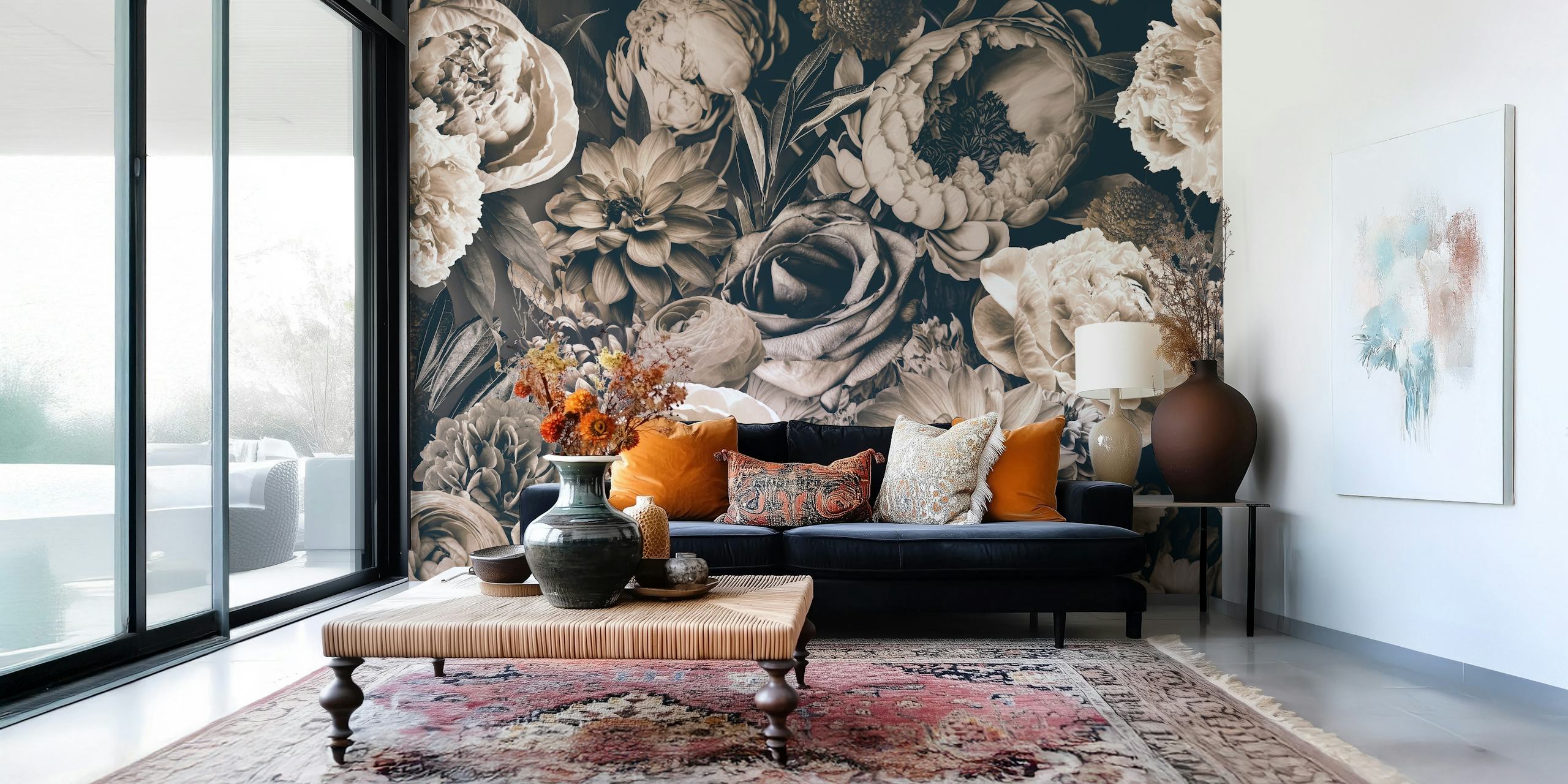 Floral wallpaper featuring detailed baroque style blooms in greige tones