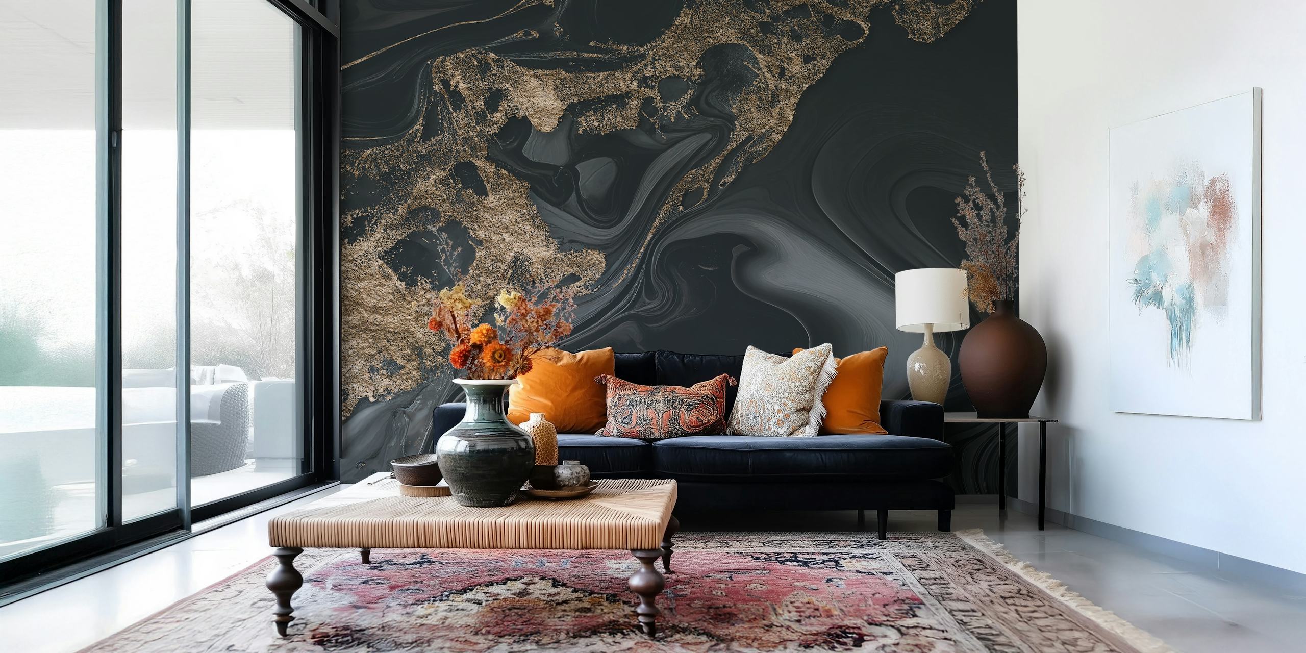 Ταπετσαρία Fancy Faux Marble Black Gold σε ένα δωμάτιο