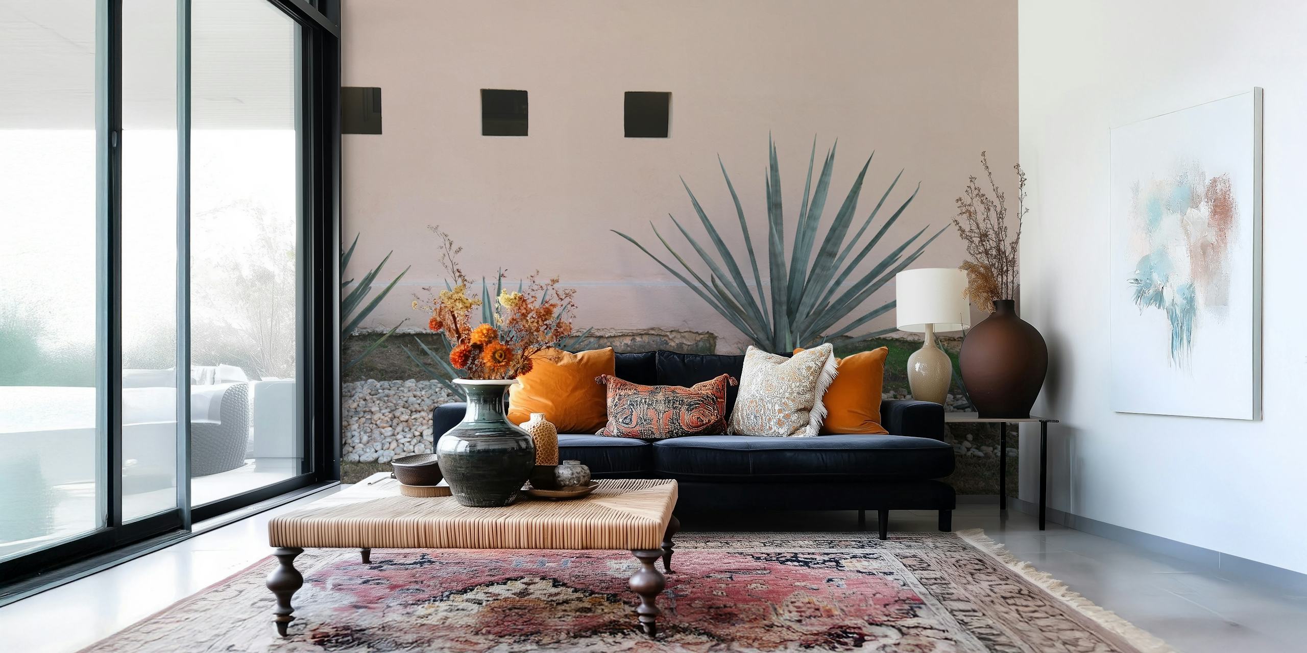 Agave plants in blush pink background wallpaper