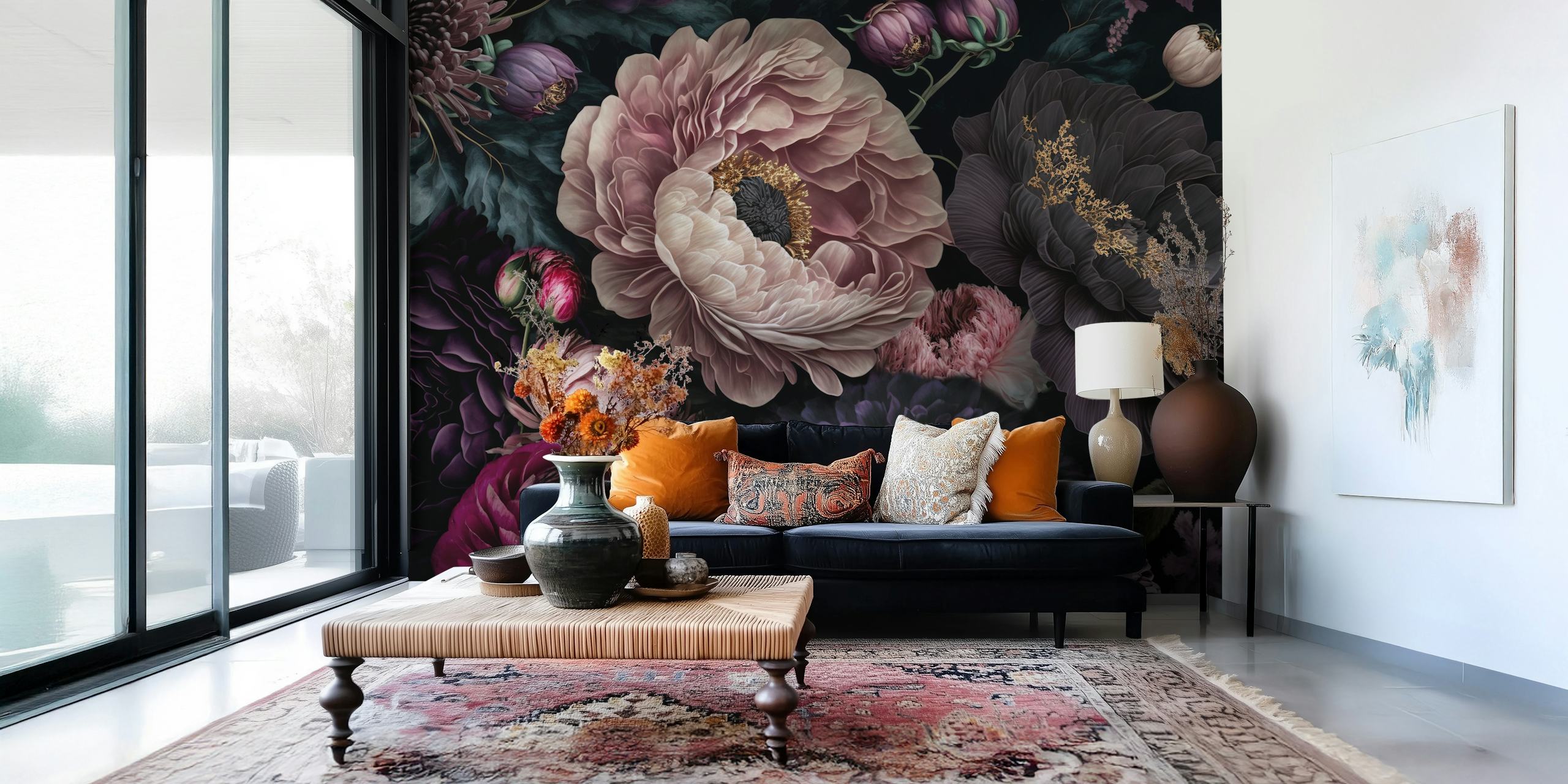 Carta da parati floreale lunatica con ricchi toni scuri ed eleganti peonie e rose