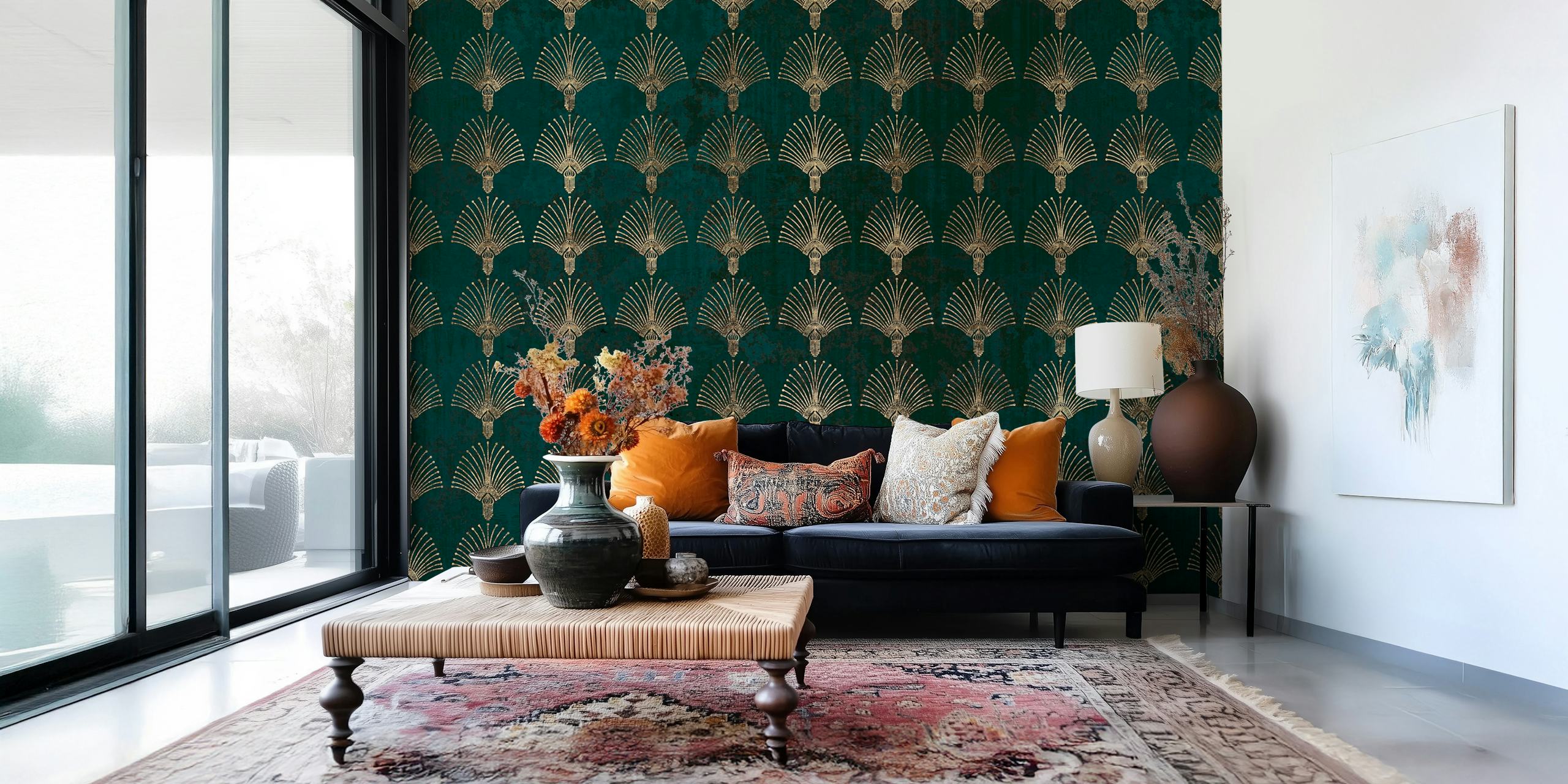 Ταπετσαρία Elegant Art Deco Golden Teal σε ένα δωμάτιο