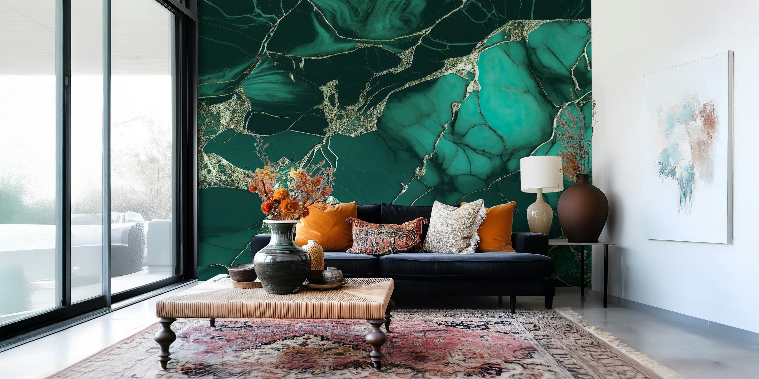 Emerald green marble wallpaper with black and gold veins