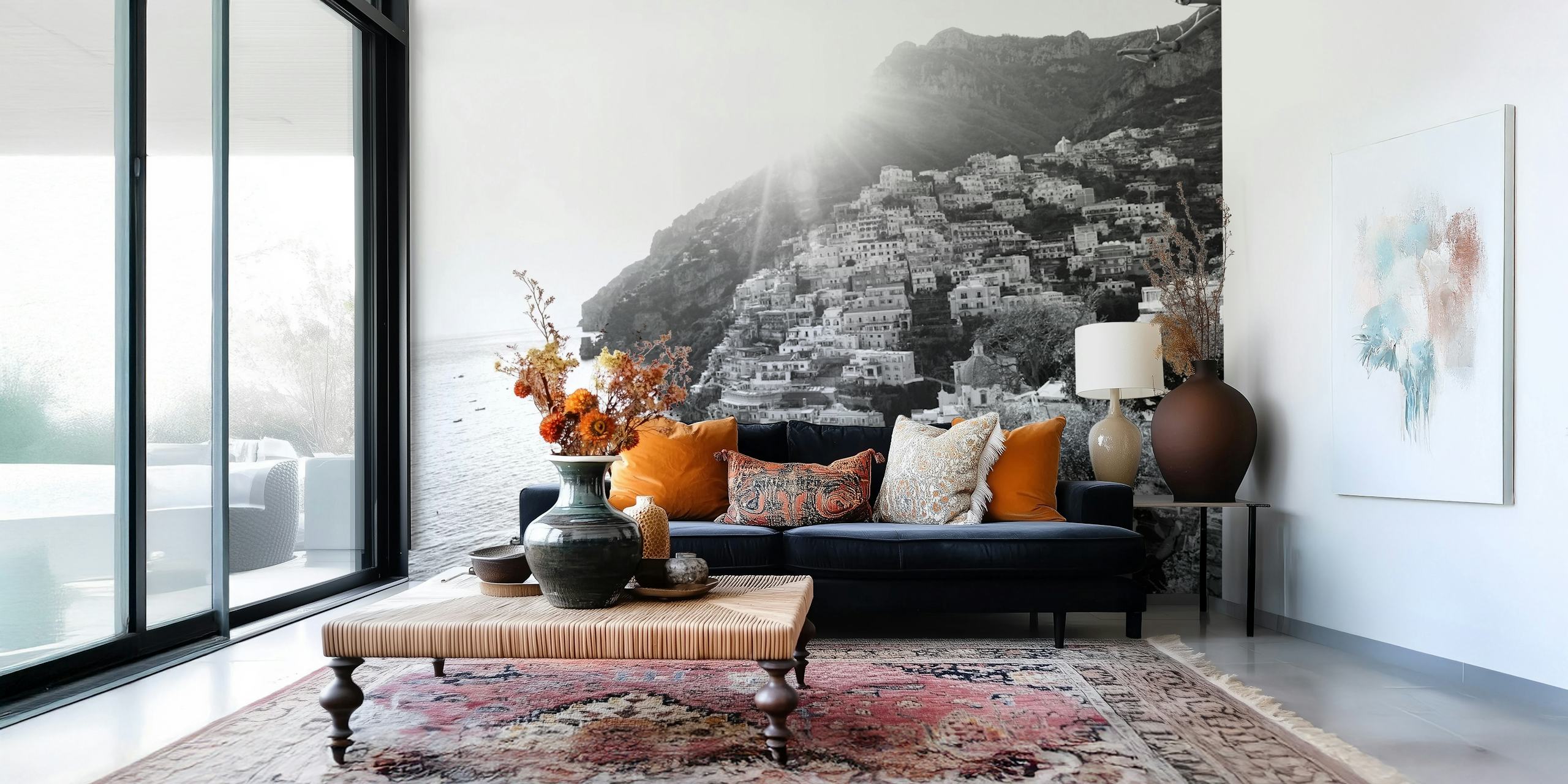 Vue sur la falaise côtière de Positano en papier peint noir et blanc