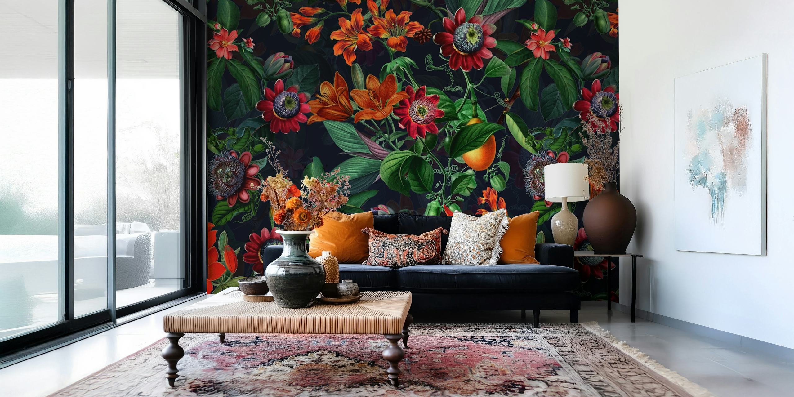 Colorful flowers on dark background floral wallpaper
