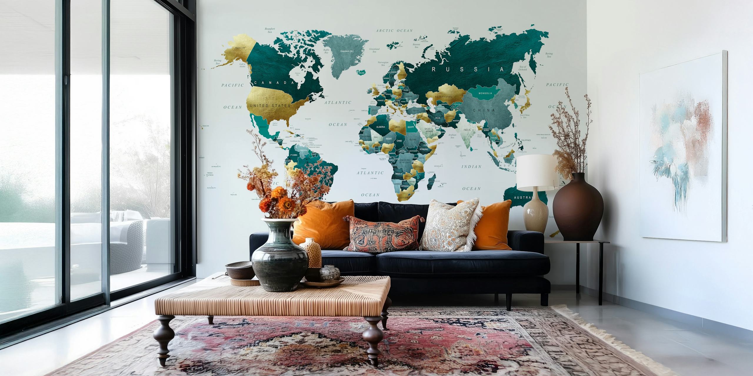 Teal and gold world map wallpaper with countries labeled