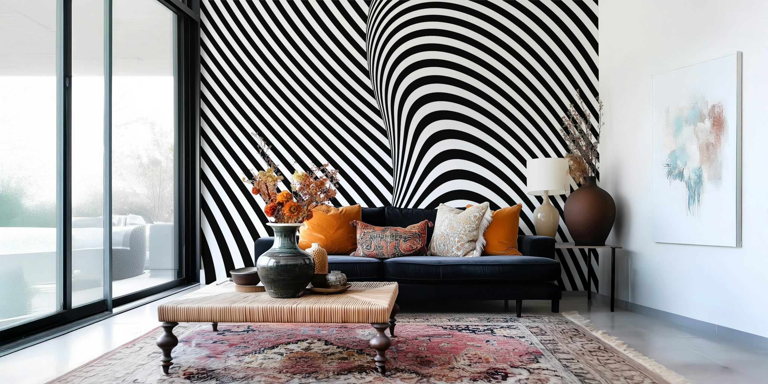 Black and white striped wavy pattern op art wallpaper